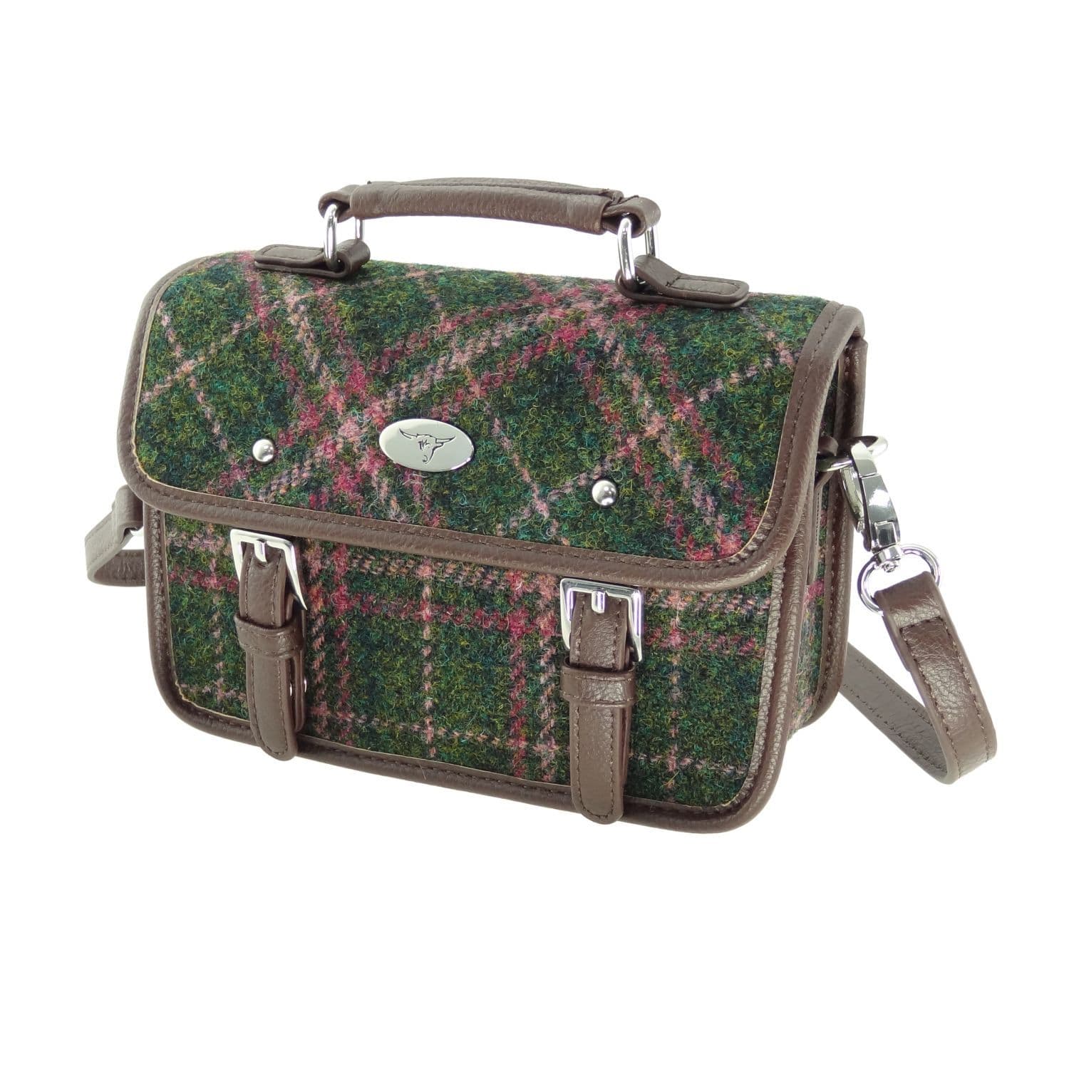 Ladies Authentic Harris Tweed Cross Body Mini Satchel Shoulder Bag in Dark Green & Plum Check