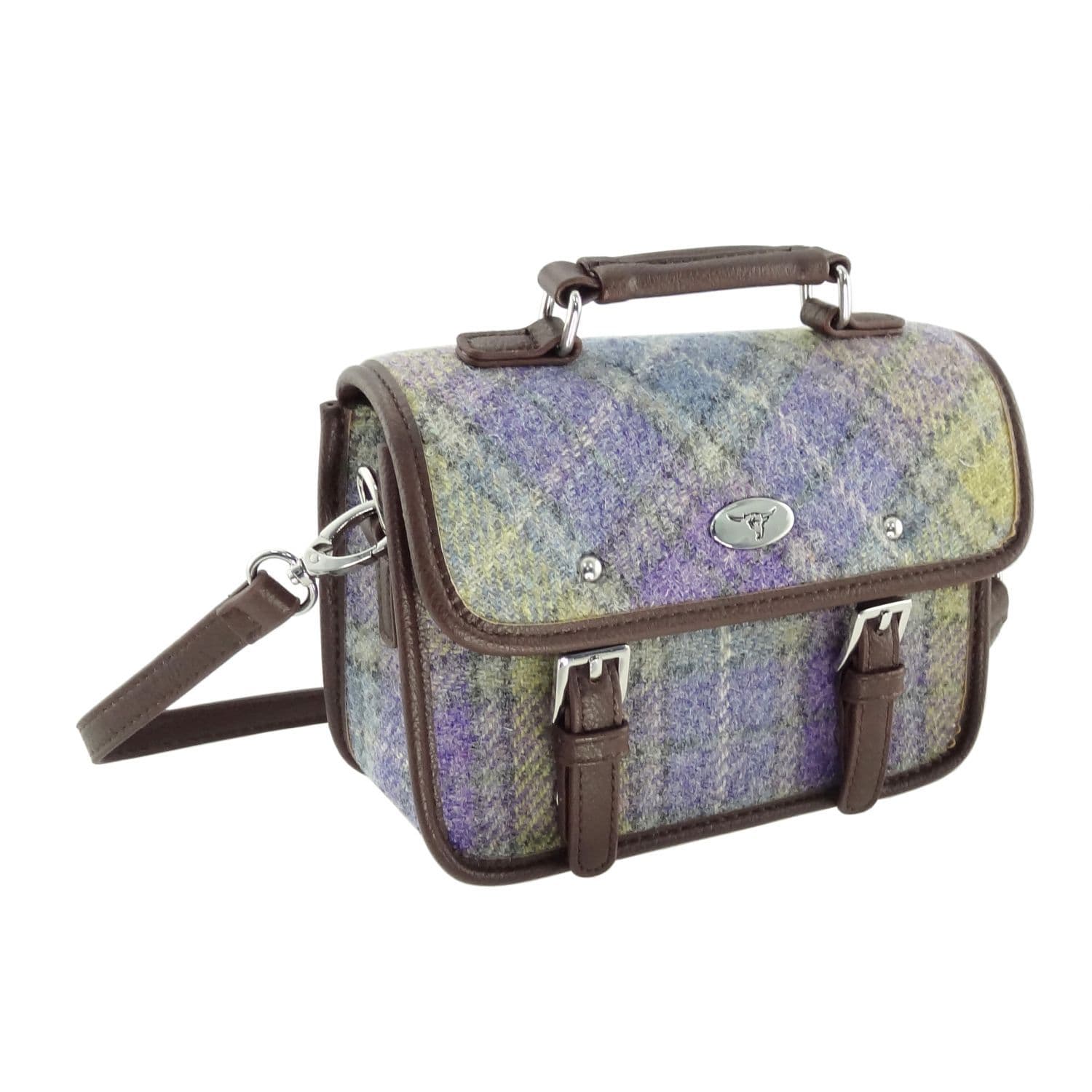 Ladies Authentic Harris Tweed Cross Body Mini Satchel Shoulder Bag in Muted Lilac / Green Check