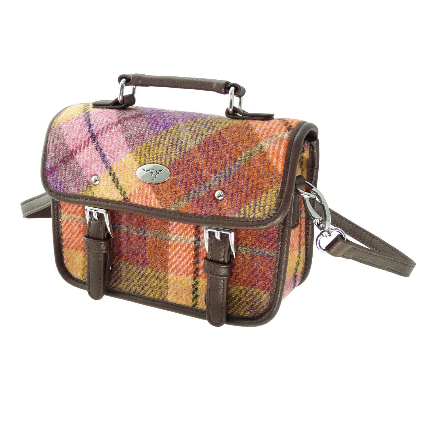 Ladies Authentic Harris Tweed Cross Body Mini Satchel Shoulder Bag in Peach Overcheck