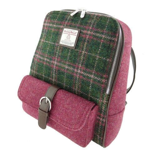 Ladies Authentic Harris Tweed Dark Green Plum Check Backpack In Contrasting Tweeds