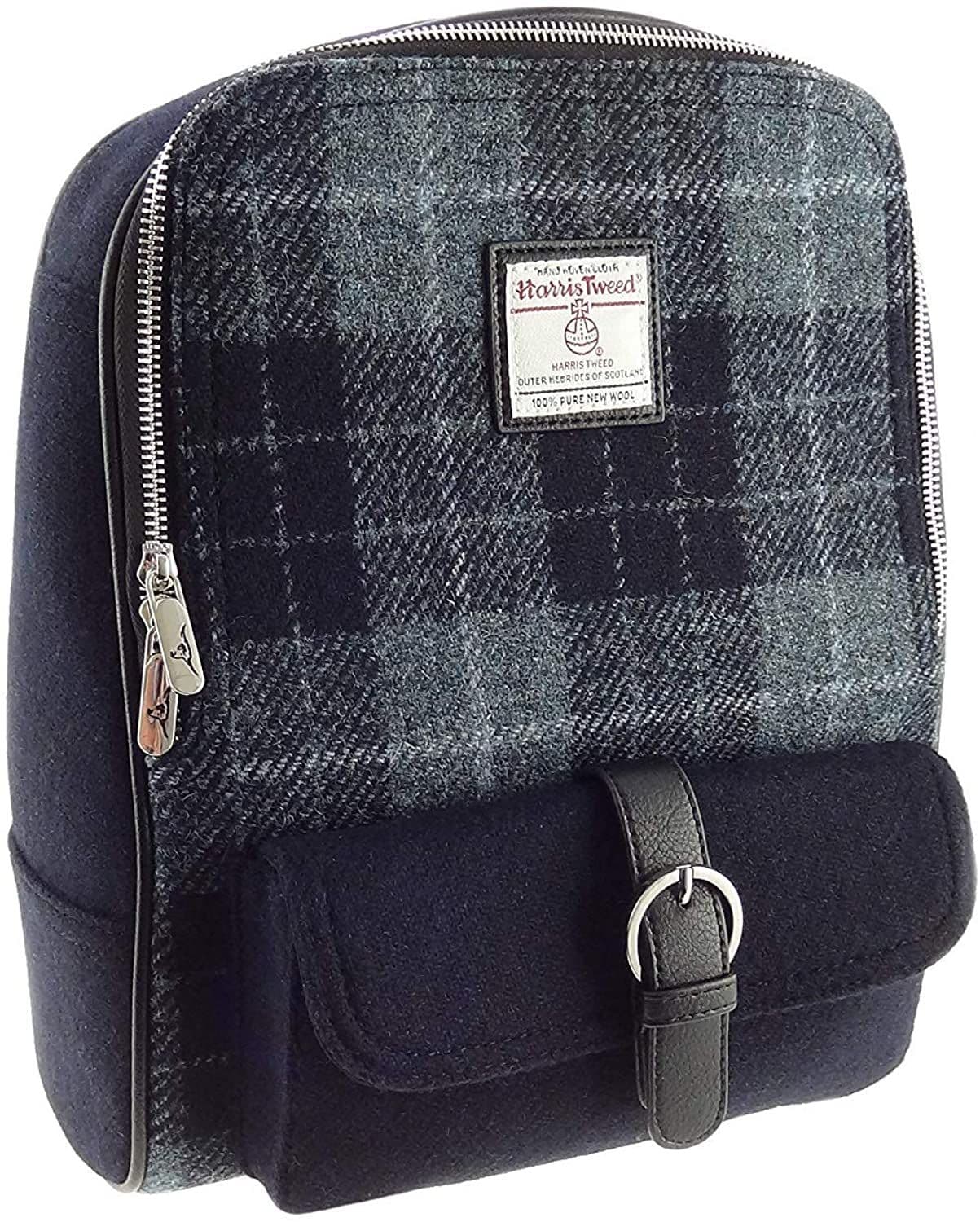 Ladies Authentic Harris Tweed Grey & Black Tartan Backpack In Contrasting Tweeds