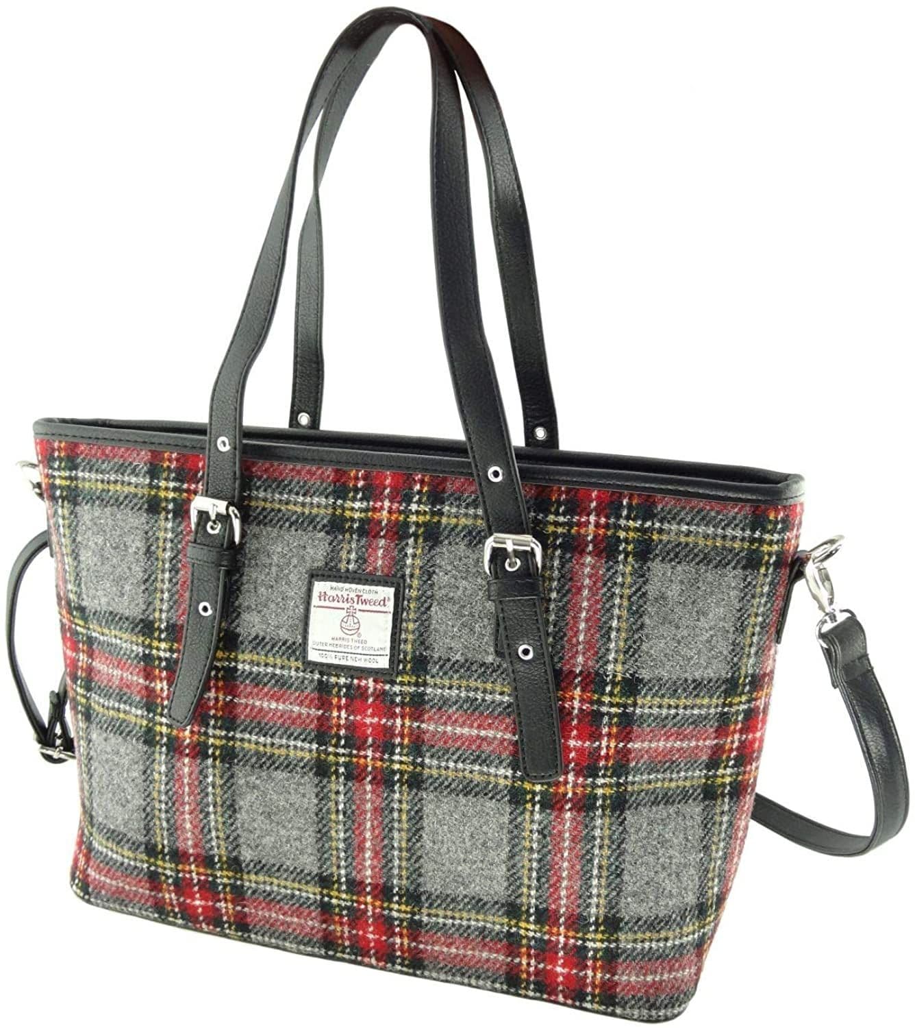 Ladies Authentic Harris Tweed Grey & Red Check Large Tote Bag