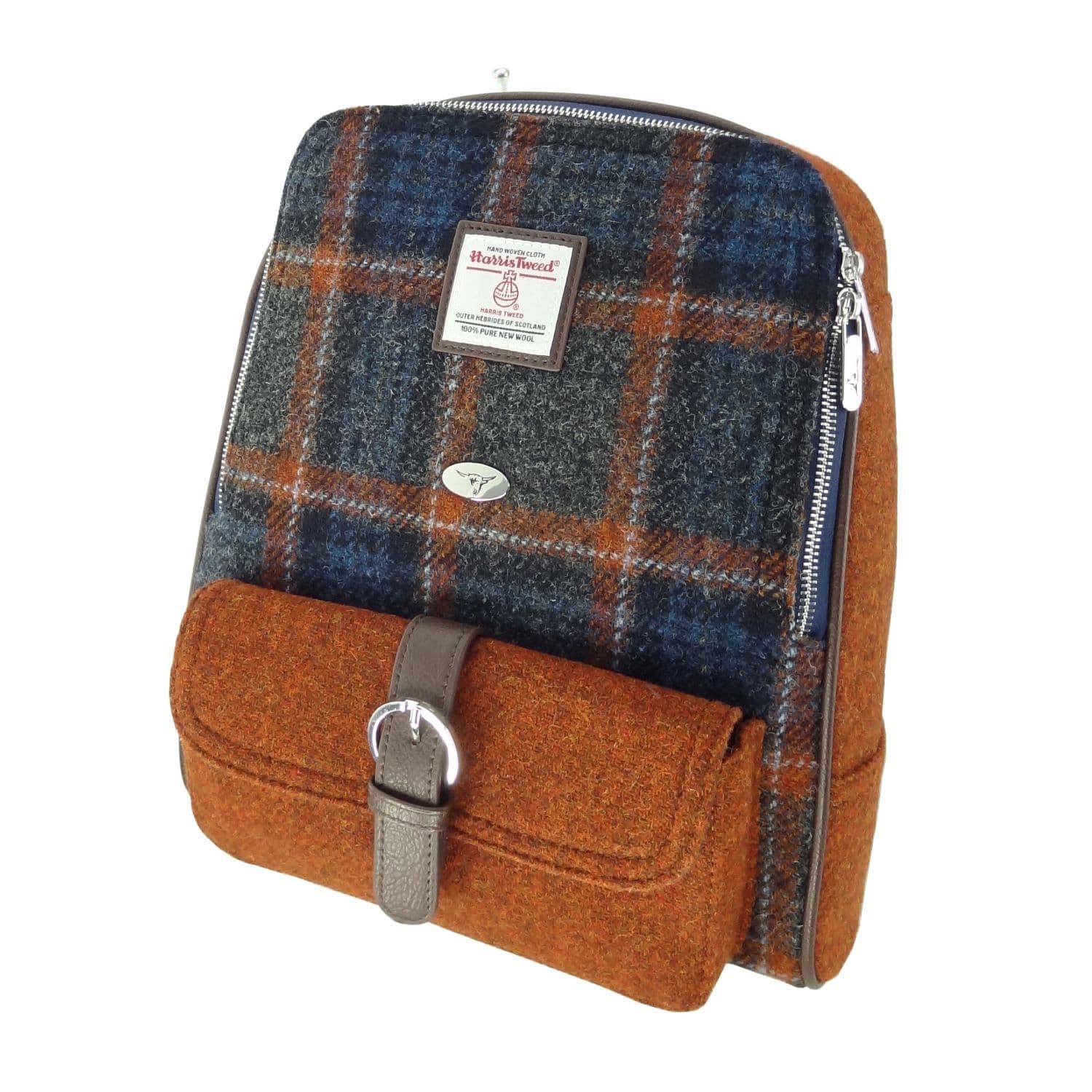 Ladies Authentic Harris Tweed Grey with Rust OverCheck Backpack In Contrasting Tweeds