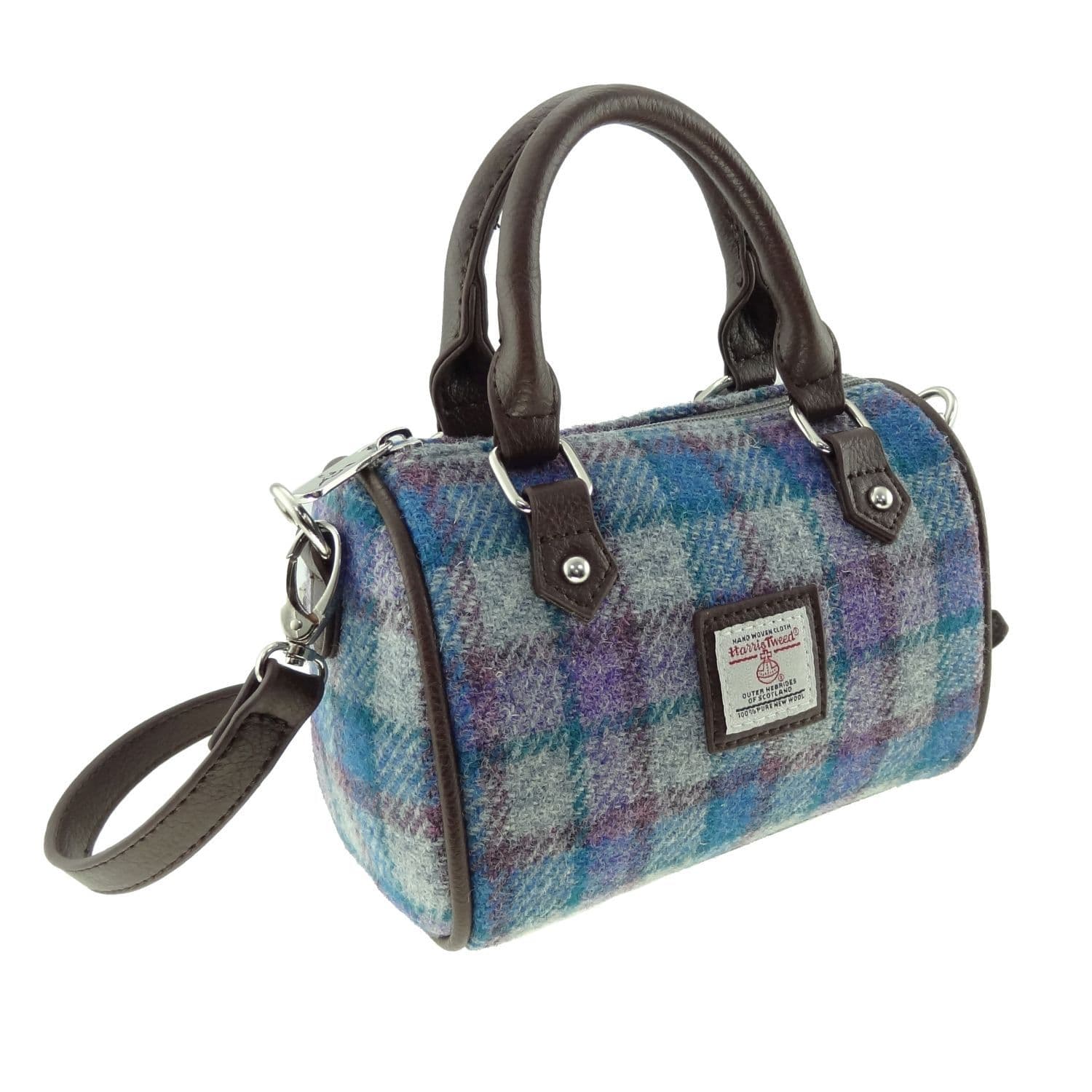 Ladies Authentic Harris Tweed Kilbride Mini Bowling Bag Blue/Purple Check On Grey