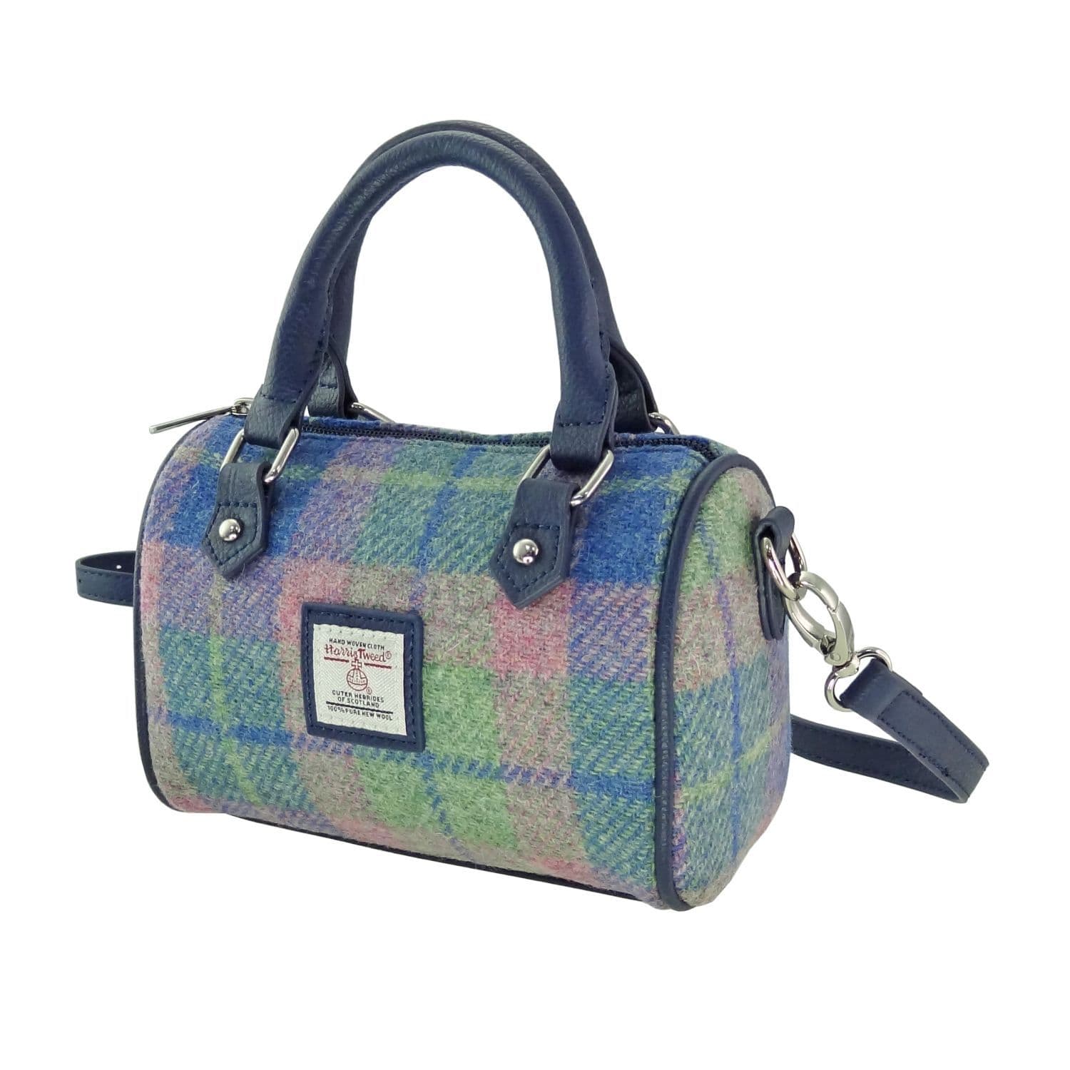 Ladies Authentic Harris Tweed Kilbride Mini Bowling Bag Soft Blue and Pink Tartan