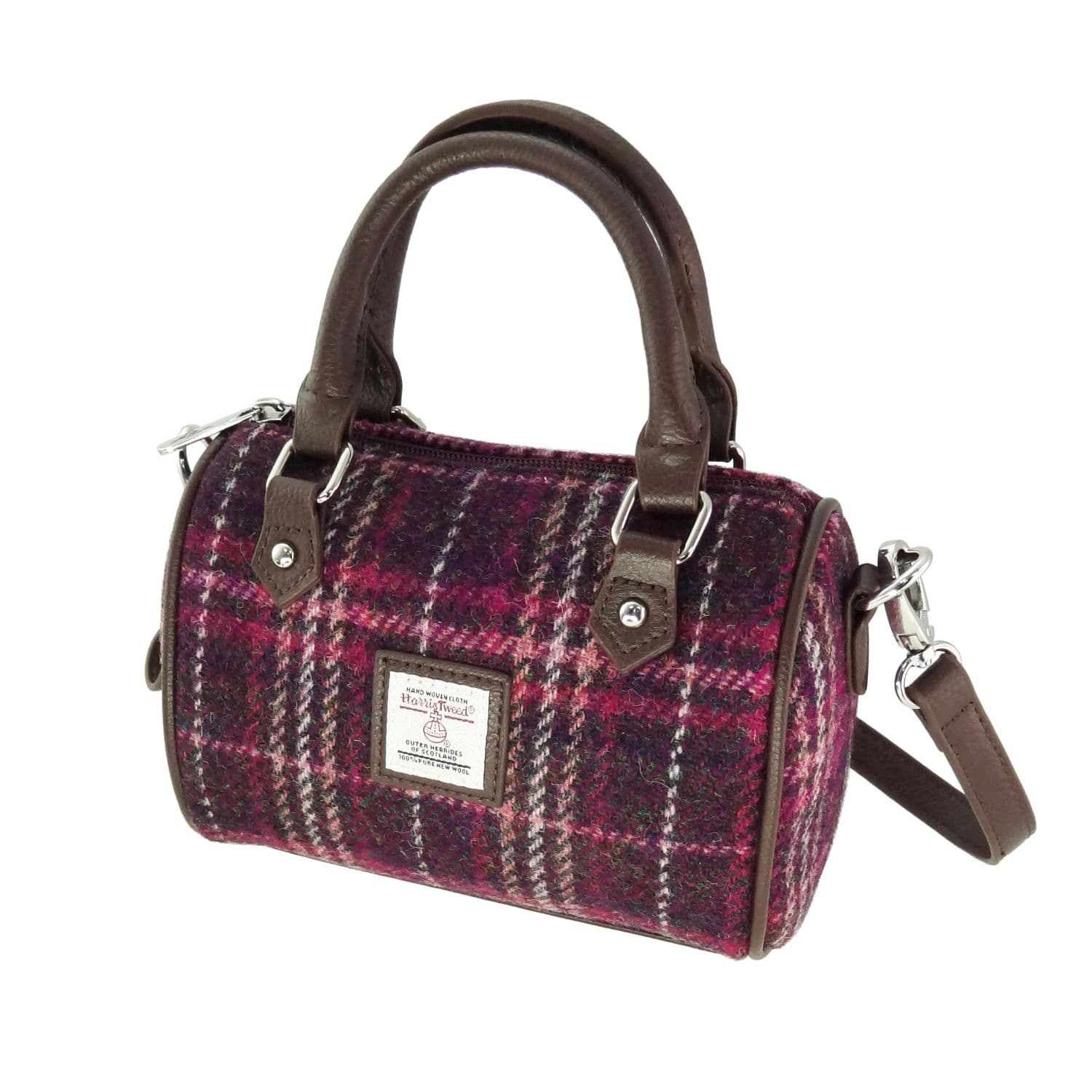 Ladies Authentic Harris Tweed Kilbride Mini Bowling Bag Wine Overcheck