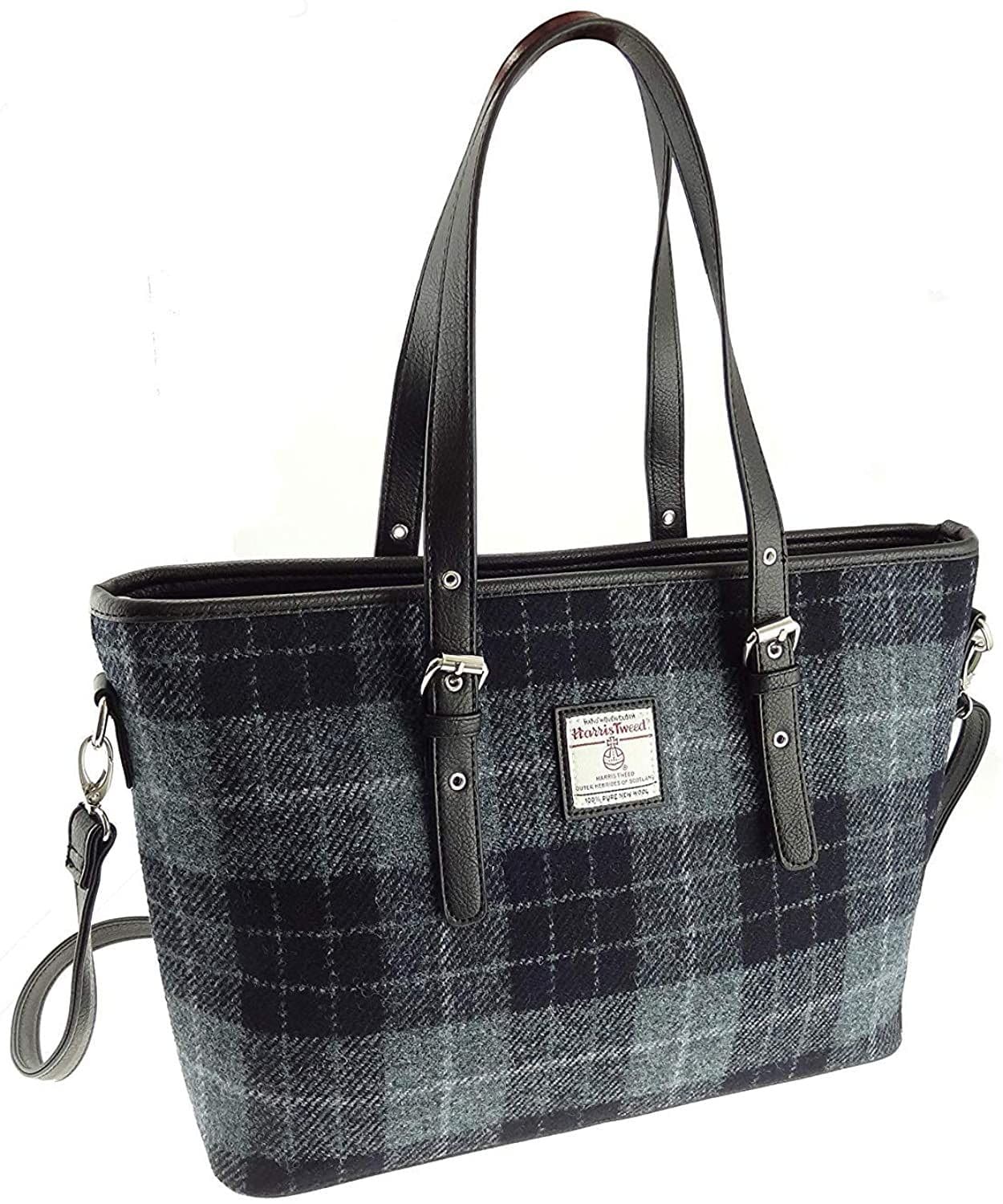 Ladies Authentic Harris Tweed Large Tote Bag Grey/Black Tartan