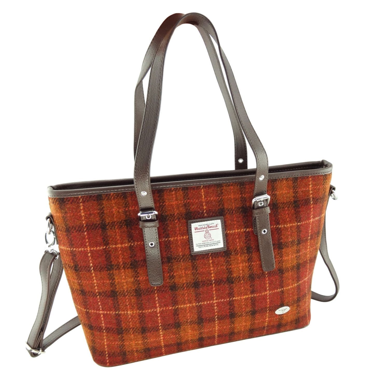 Ladies Authentic Harris Tweed Large Tote Bag Orange Check