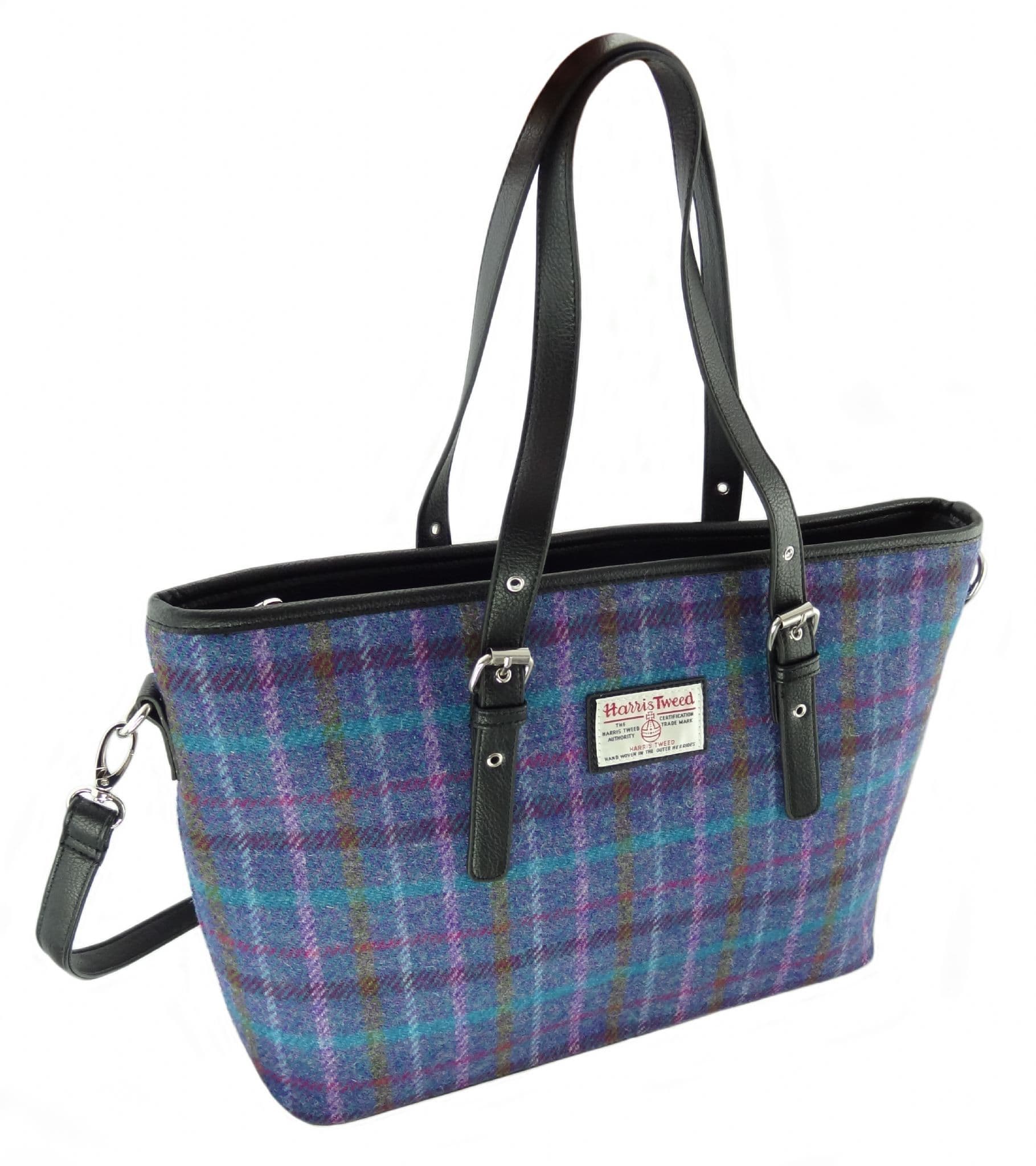 Ladies Authentic Harris Tweed Large Tote Bag Purple Multi Check