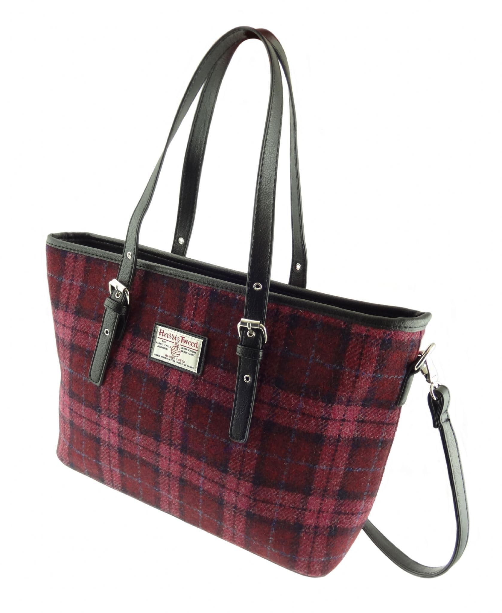 Ladies Authentic Harris Tweed Large Tote Bag Raspberry Check