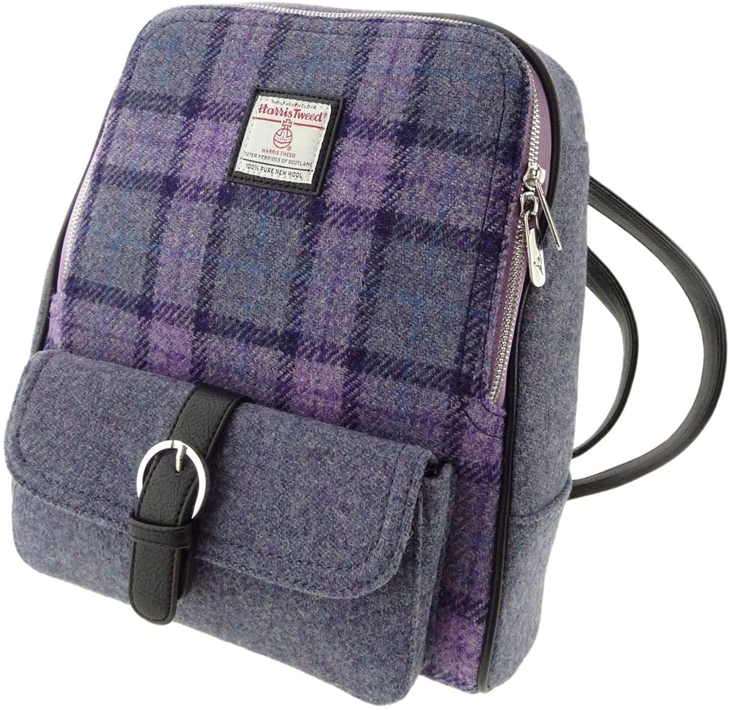 Ladies Authentic Harris Tweed Lilac Purple Check Backpack In Contrasting Tweeds
