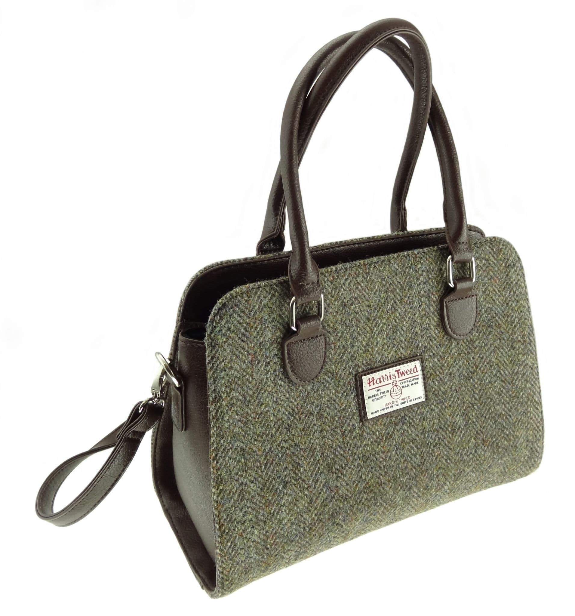 Ladies Authentic Harris Tweed Midi Tote Findhorn Bag Green Herringbone