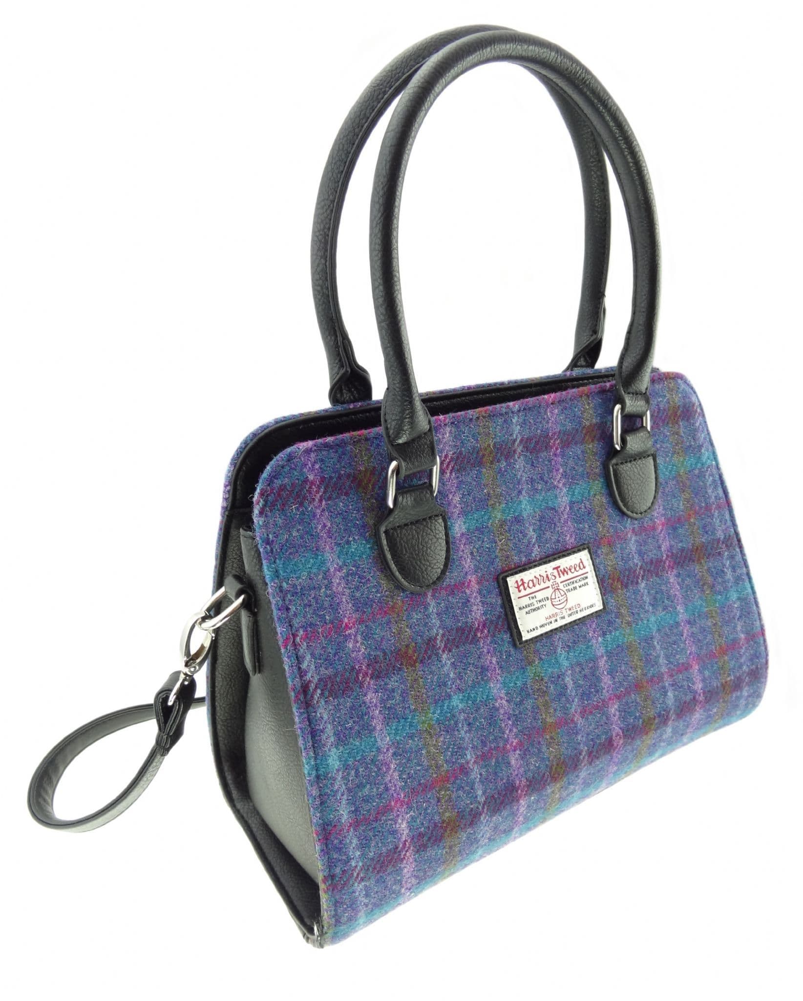 Ladies Authentic Harris Tweed Midi Tote Findhorn Bag Purple Multi Check
