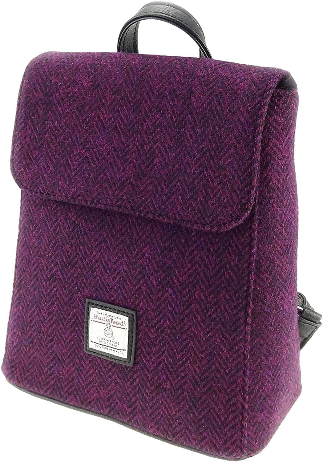 Ladies Authentic Harris Tweed Mini Backpack Burgundy Herringbone