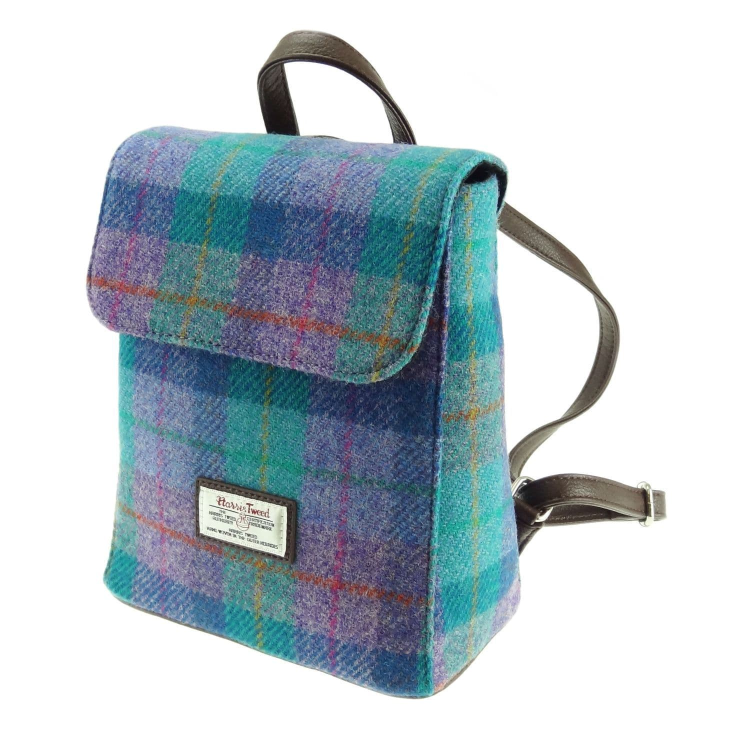 Ladies Authentic Harris Tweed Mini Backpack Green & Purple Check