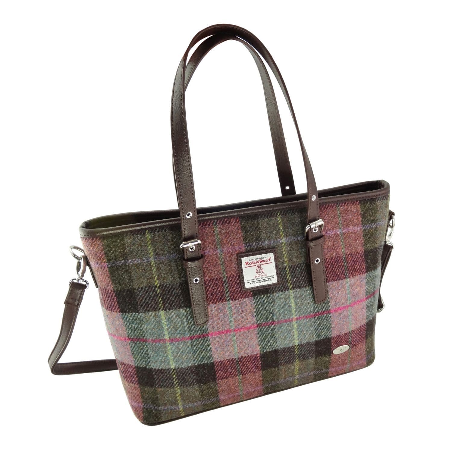 Ladies Authentic Harris Tweed Muted Green & Purple Tartan Large Tote Bag