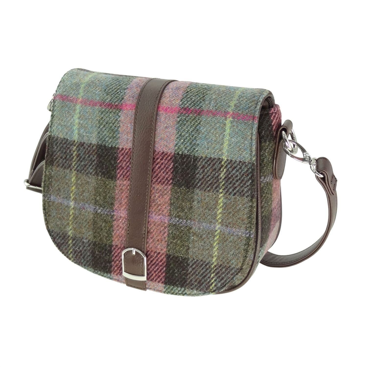 Ladies Authentic Harris Tweed Muted Green & Purple Tartan Shoulder Bag