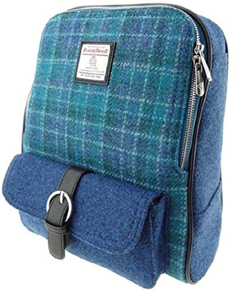 Ladies Authentic Harris Tweed Ocean Sea Blue Backpack In Contrasting Tweeds