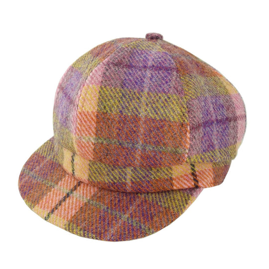 Ladies Authentic Harris Tweed One Size Baker Boy Cap Orange  With Lilac Overcheck