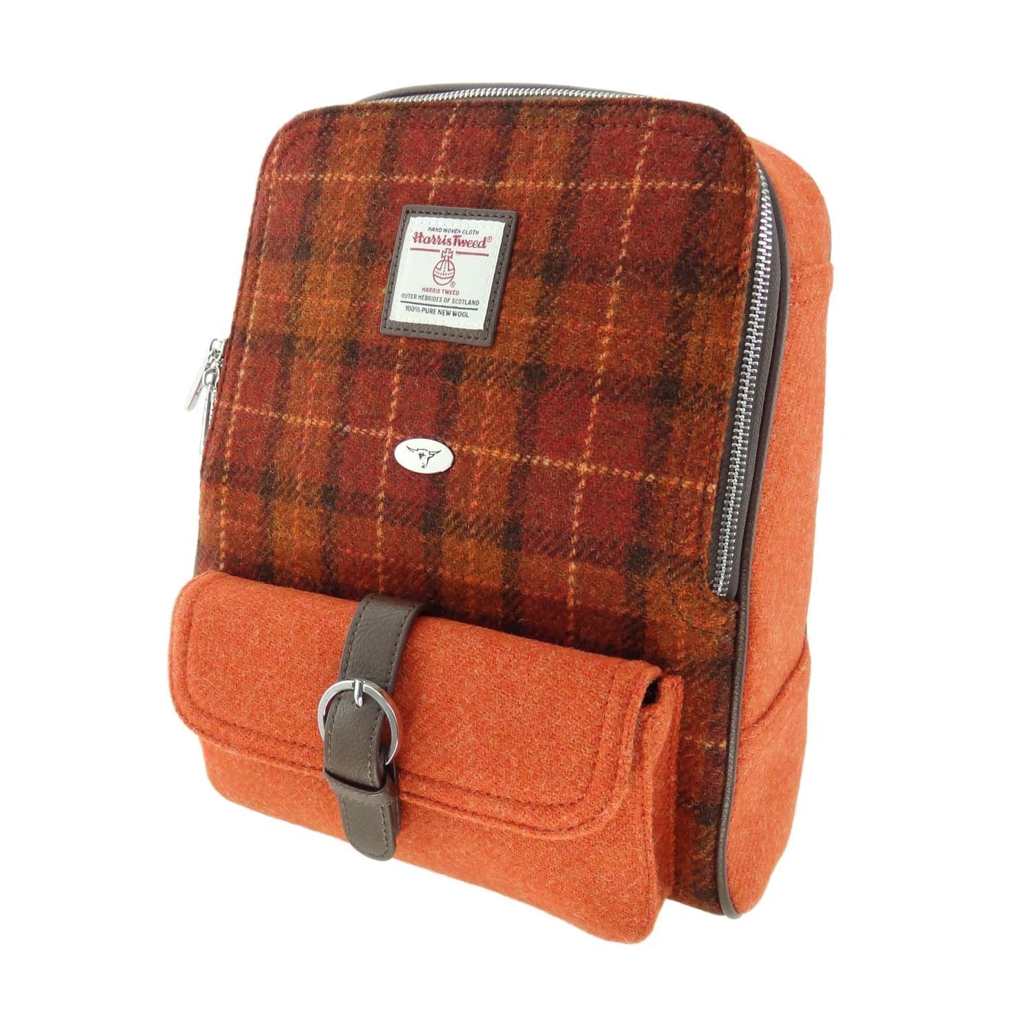 Ladies Authentic Harris Tweed Orange Check Backpack In Contrasting Tweeds