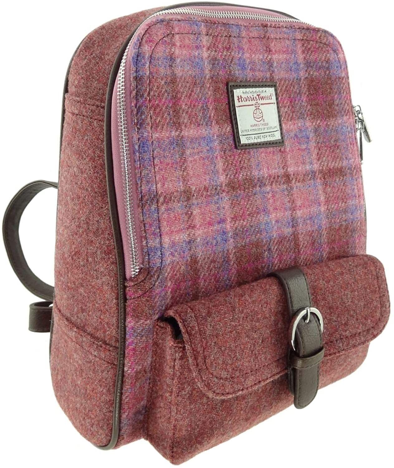 Ladies Authentic Harris Tweed Pink/Deep Pink Check Backpack In Contrasting Tweeds