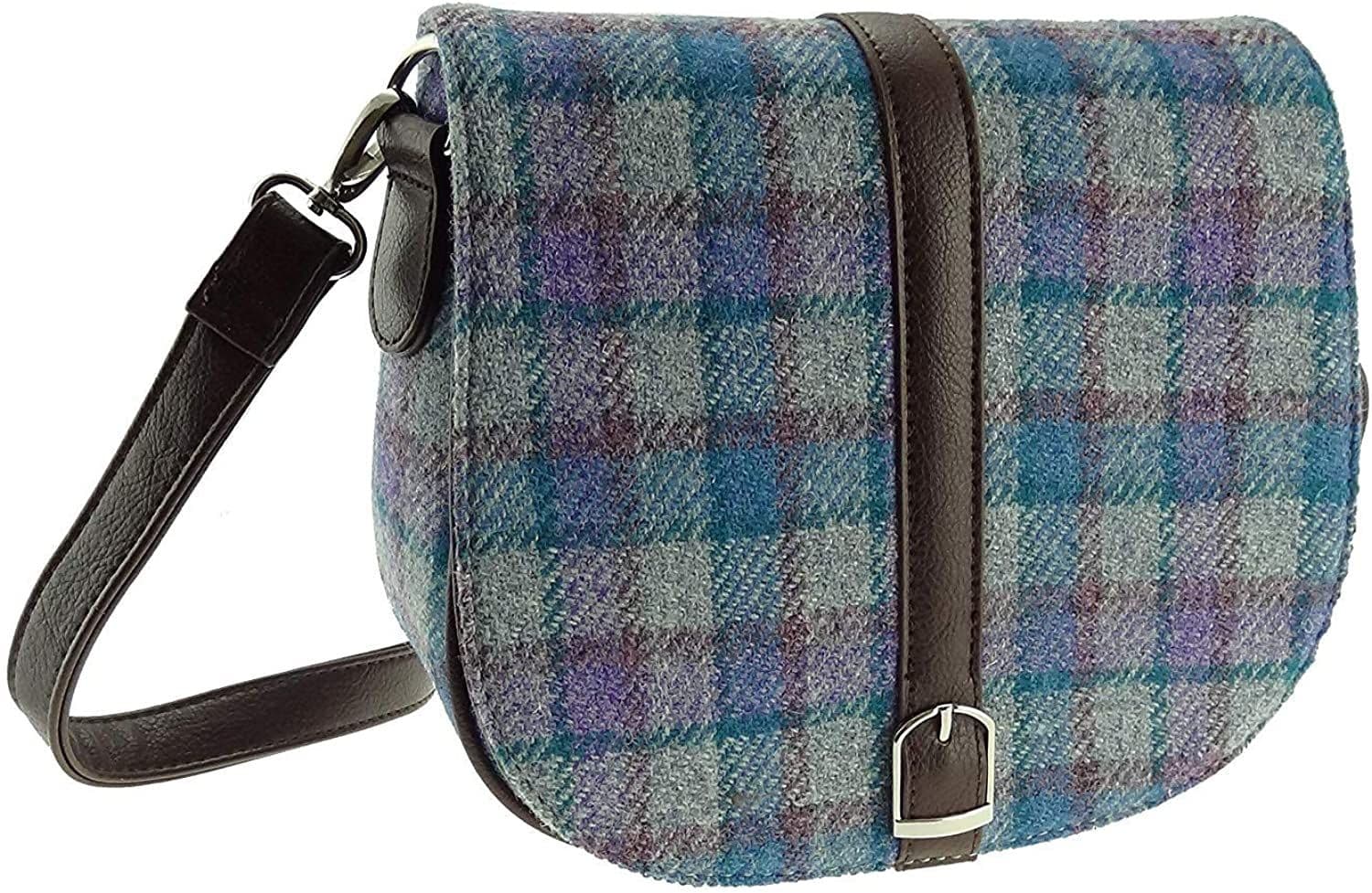 Ladies Authentic Harris Tweed Shoulder Bag Blue/Purple Check on Grey
