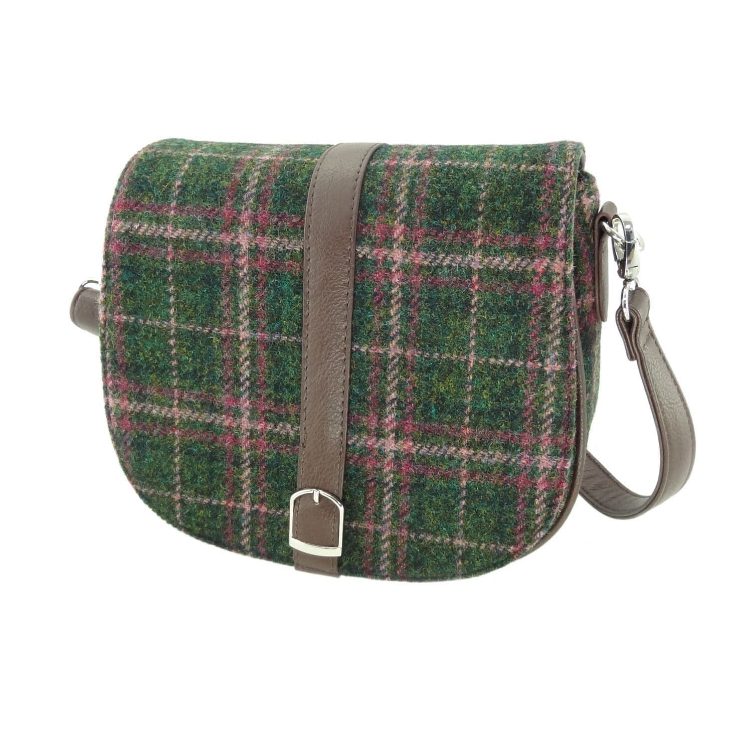Ladies Authentic Harris Tweed Shoulder Bag Dark Green and Plum Check