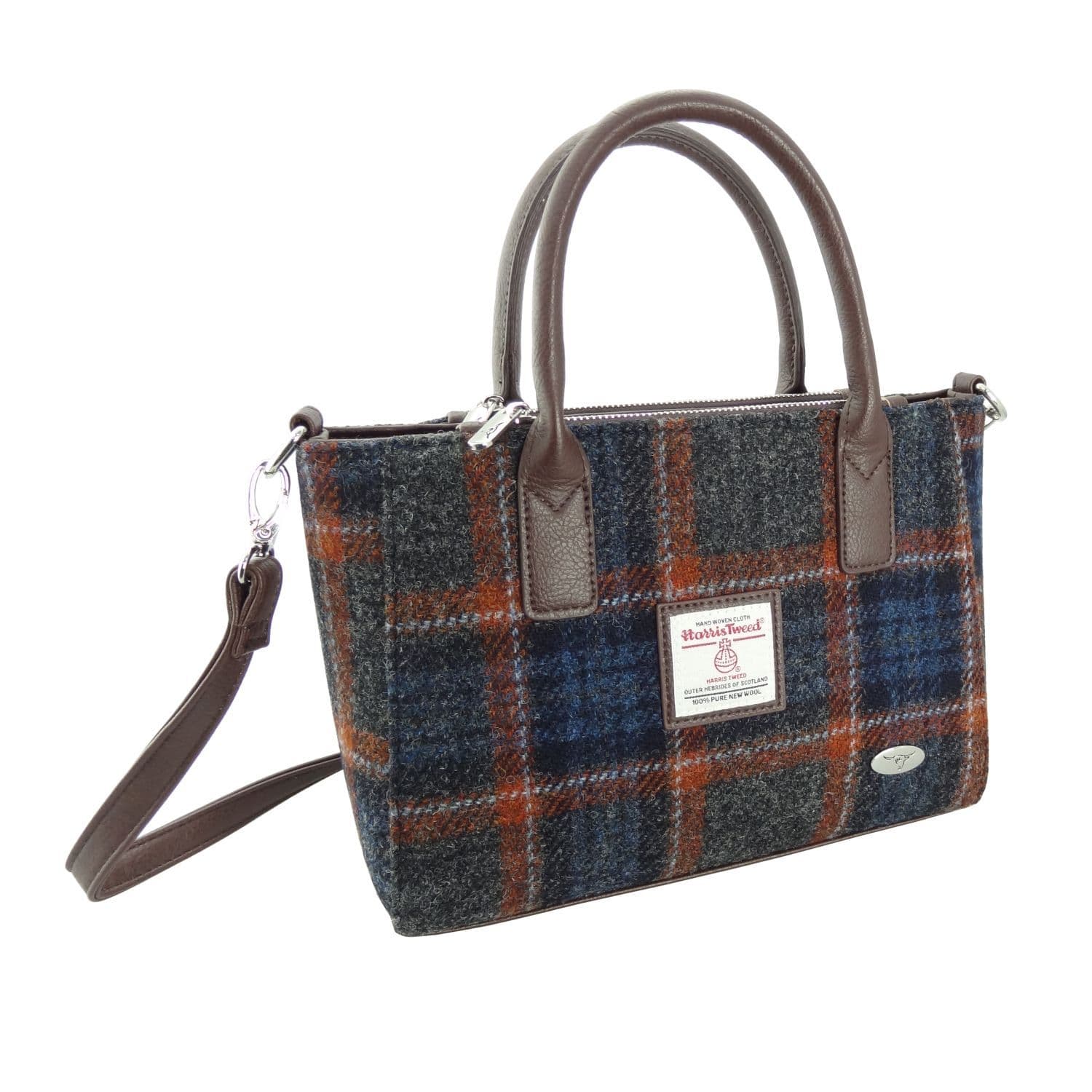 Ladies Authentic Harris Tweed Small Grey with Rust Overcheck Tote Bag