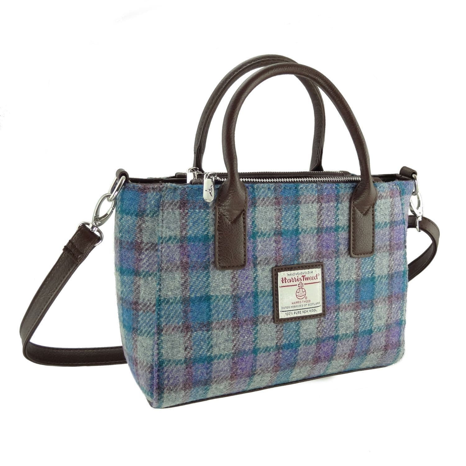 Ladies Authentic Harris Tweed Small Tote Bag Blue/Purple Check On Grey