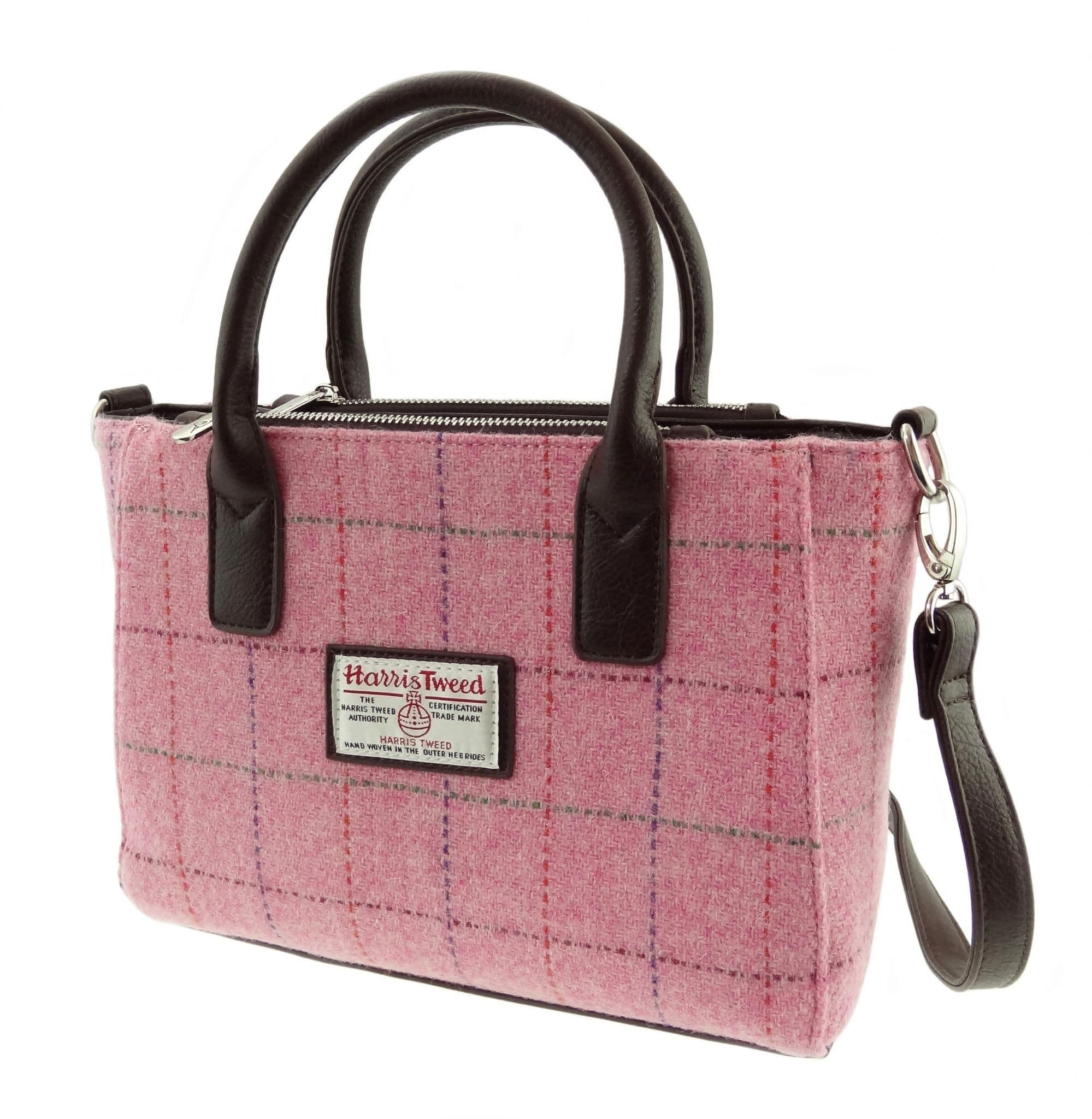 Ladies Authentic Harris Tweed Small Tote Bag Bright Pink With Overcheck