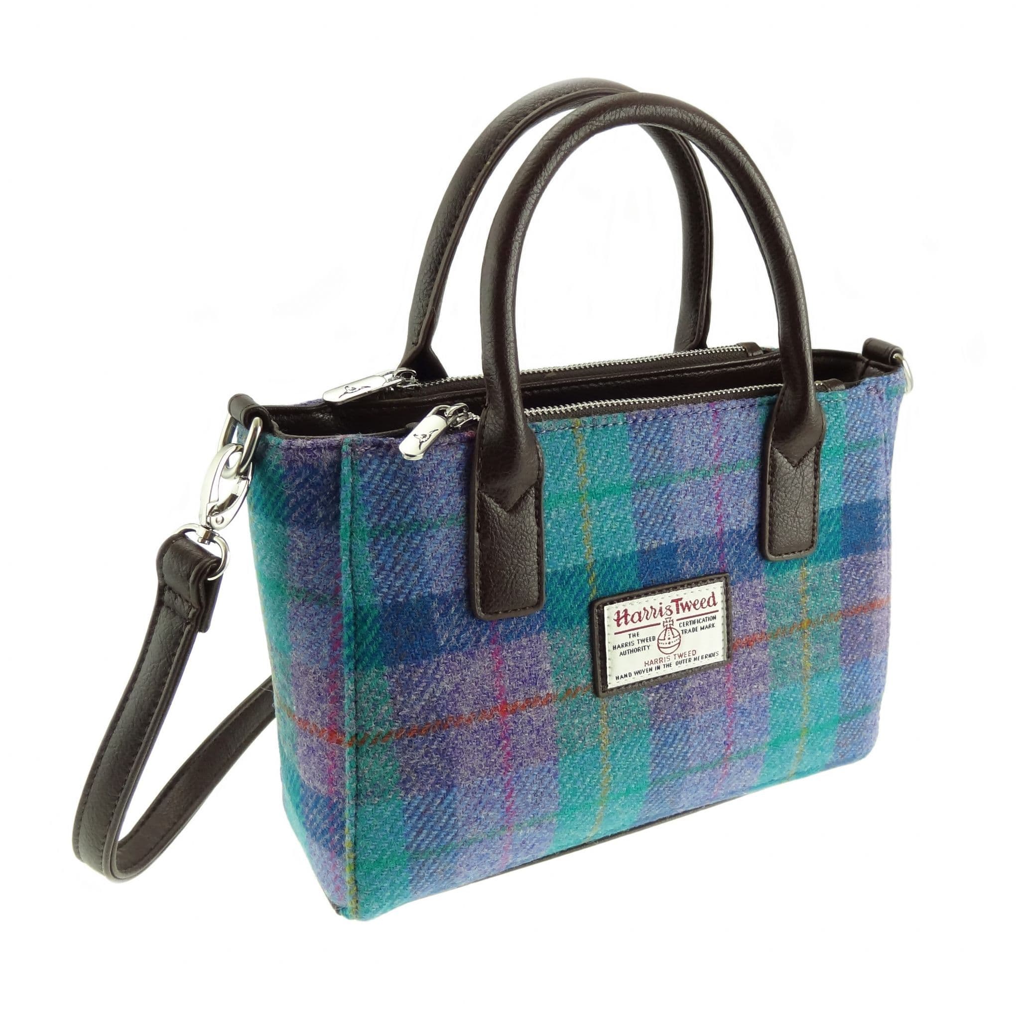Ladies Authentic Harris Tweed Small Tote Bag Green & Purple Check