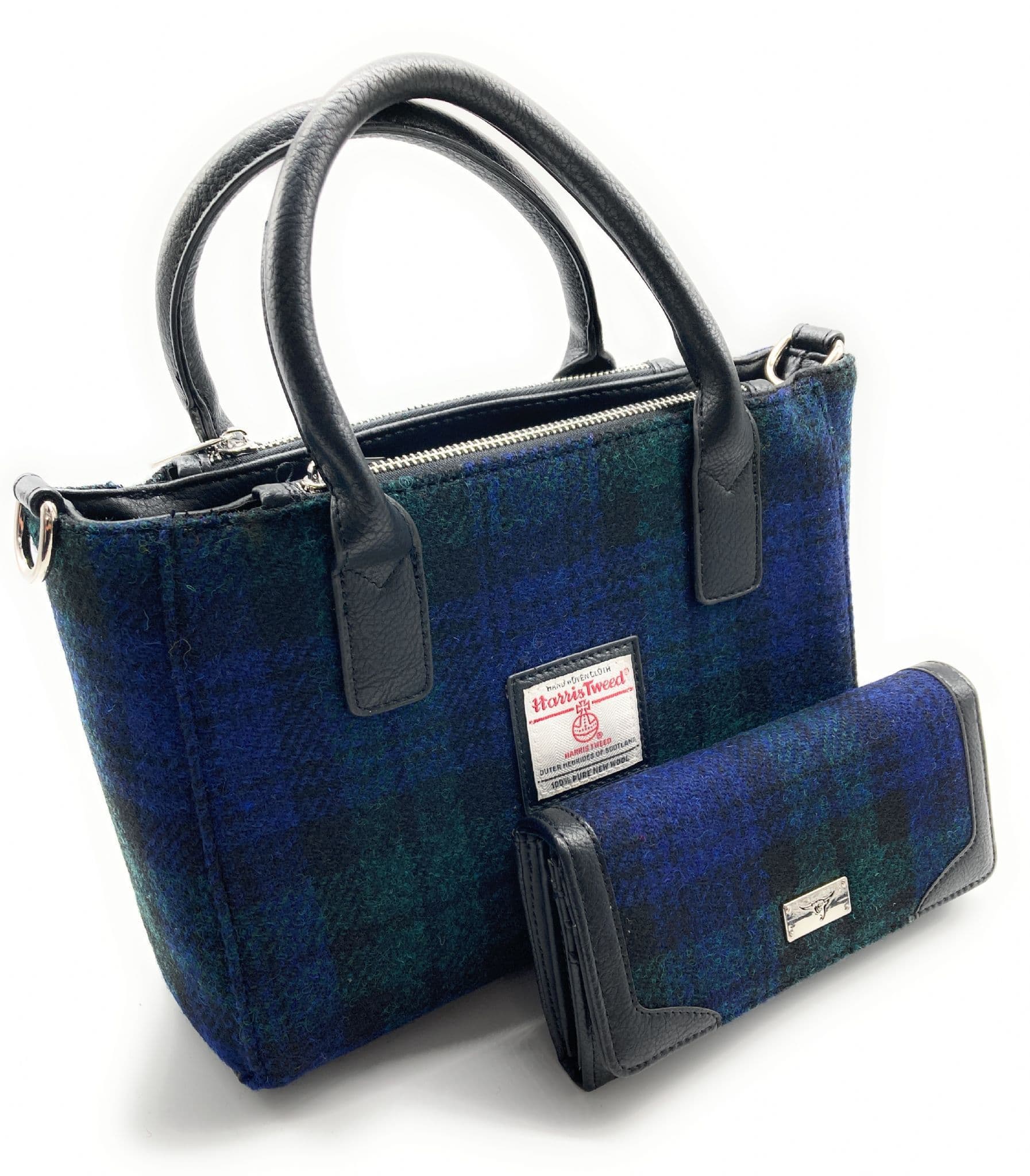 Ladies Authentic Harris Tweed Small Tote Bag & Matching Purse Set Black Watch Tartan