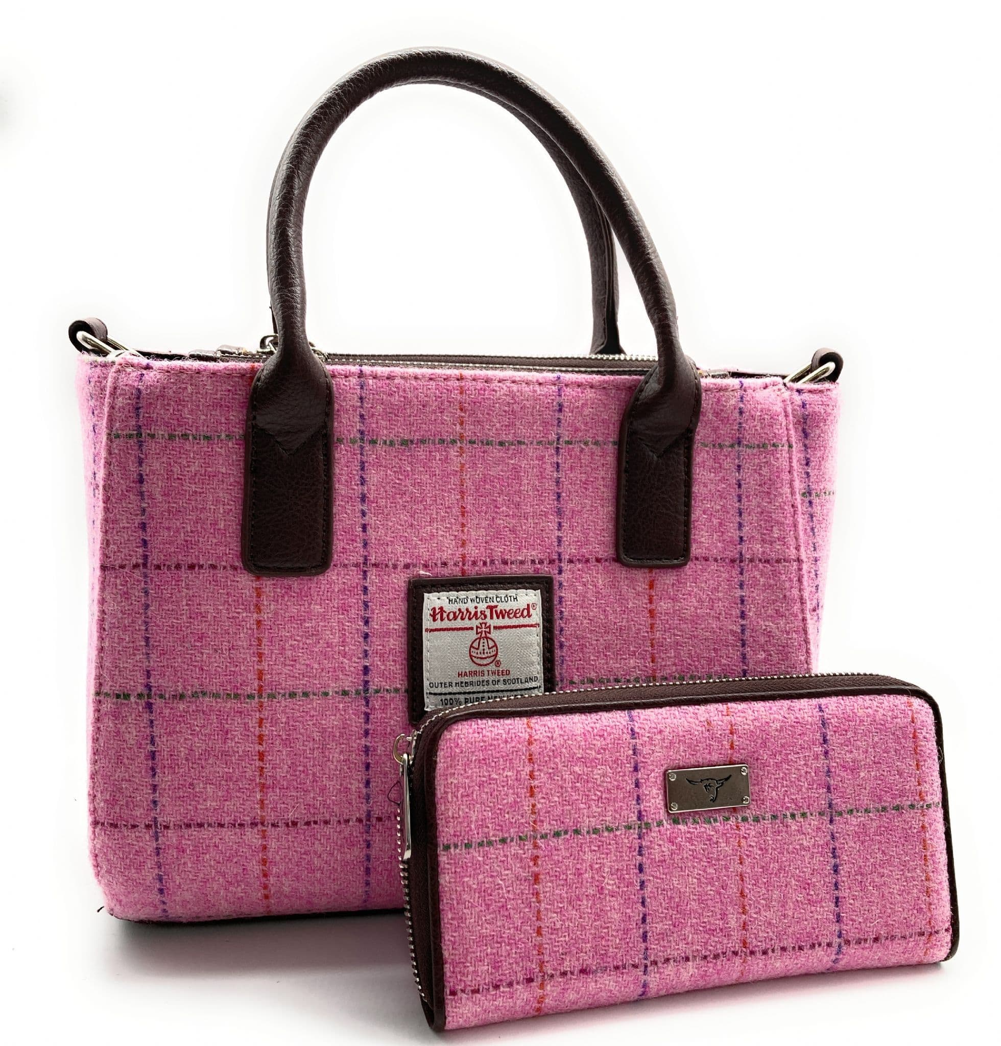 Ladies Authentic Harris Tweed Small Tote Bag & Matching Purse Set Pink Check