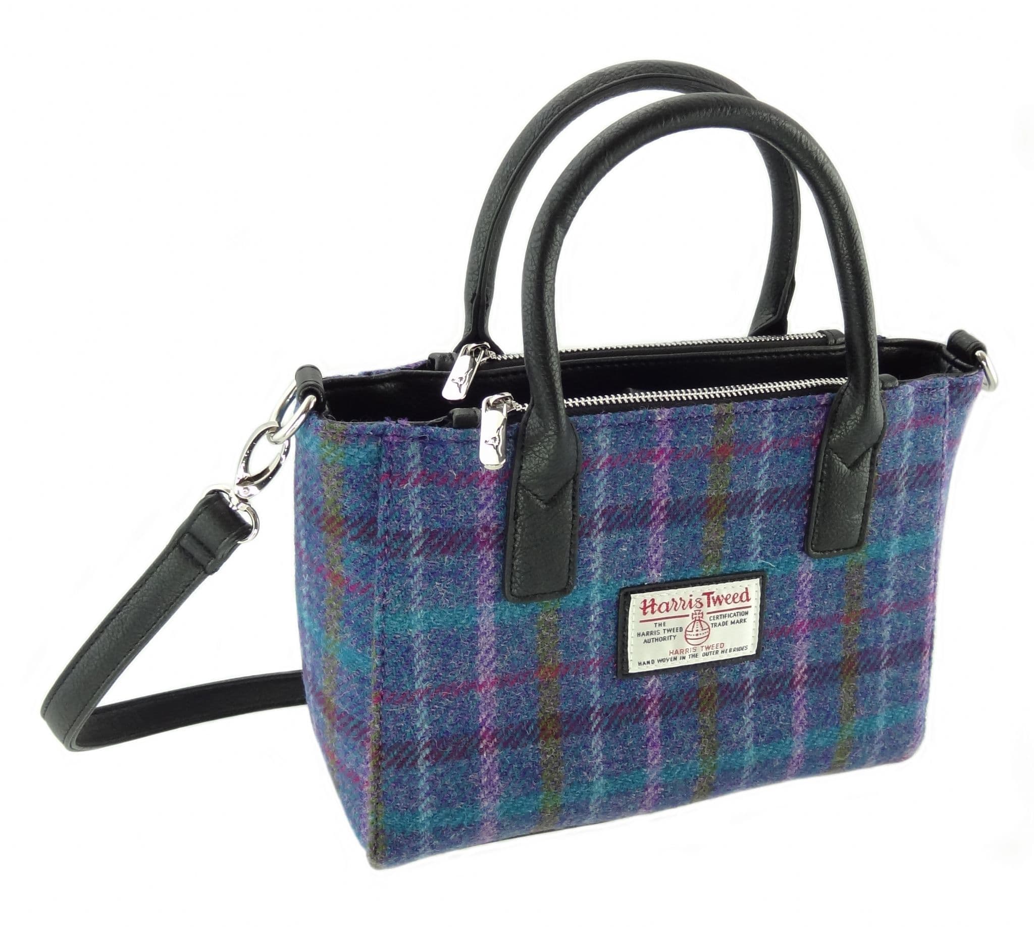 Ladies Authentic Harris Tweed Small Tote Bag Purple Multi Check