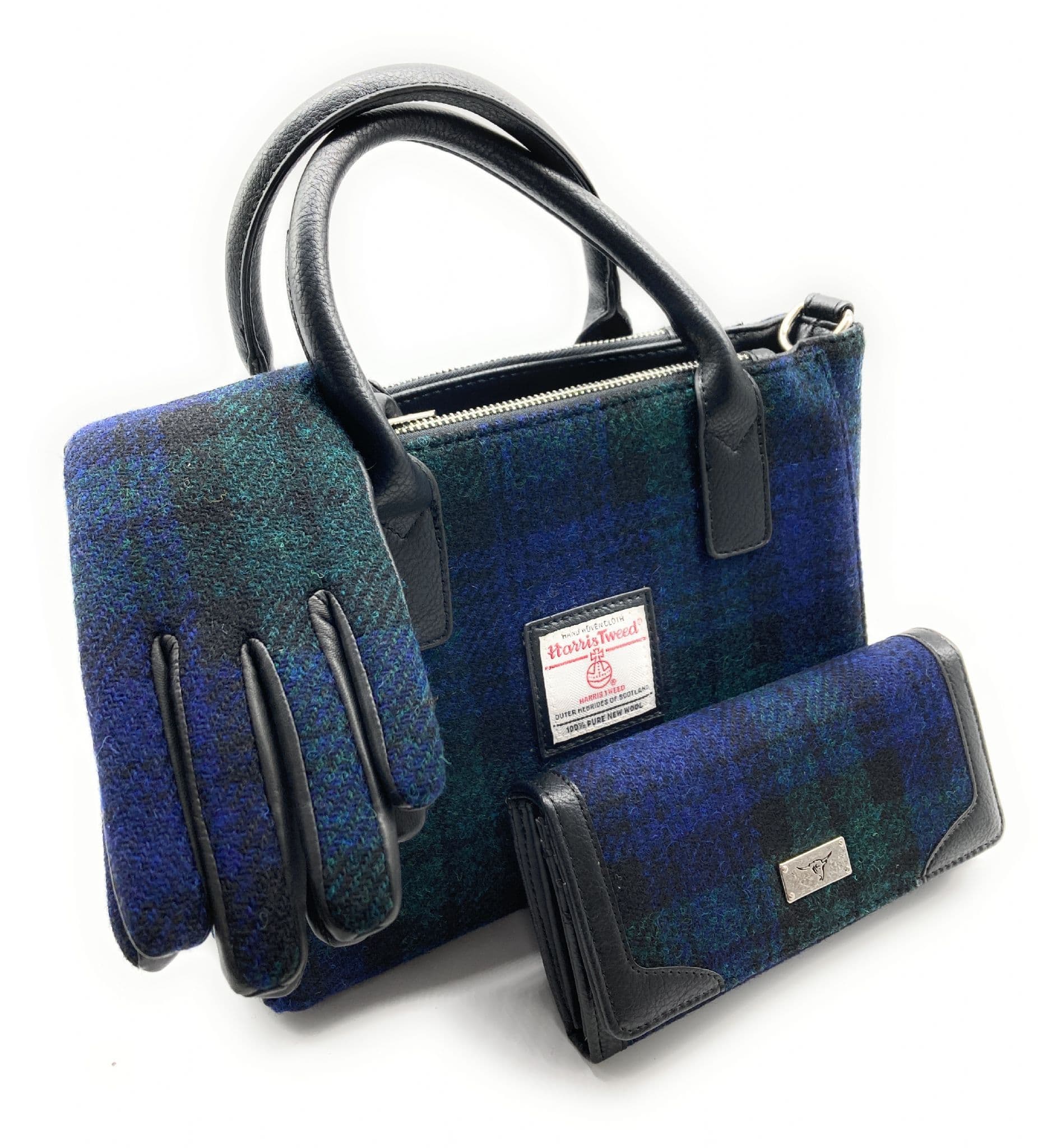 Ladies Authentic Harris Tweed Small Tote Bag With Matching Purse & Gloves Set Black Watch Tartan