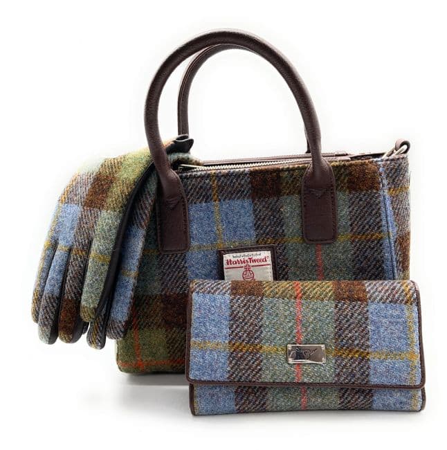Ladies Authentic Harris Tweed Small Tote Bag With Matching Purse & Gloves Set MacLeod Tartan