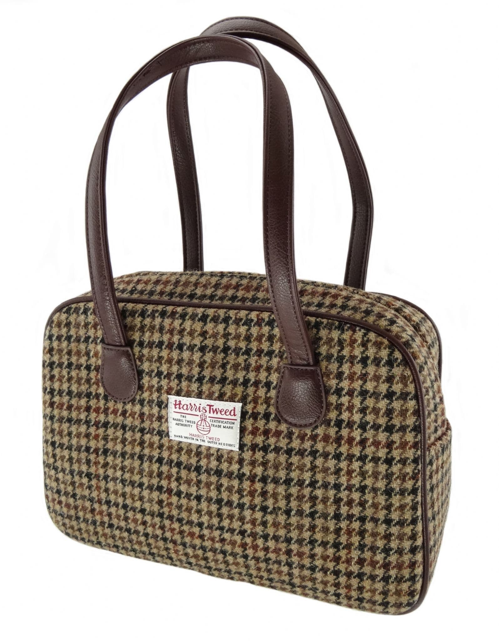 Ladies Authentic Harris Tweed Square Handbag Brown Dogtooth