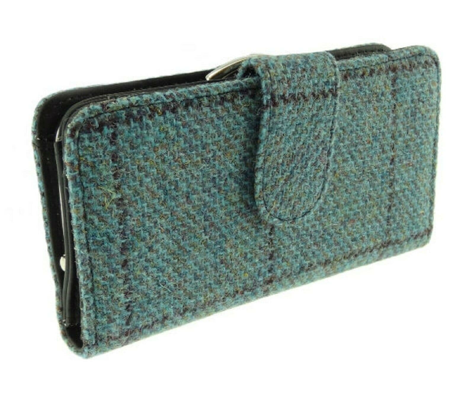 Ladies Authentic Harris Tweed Turquoise Step Weave Check Long Clasp Purse