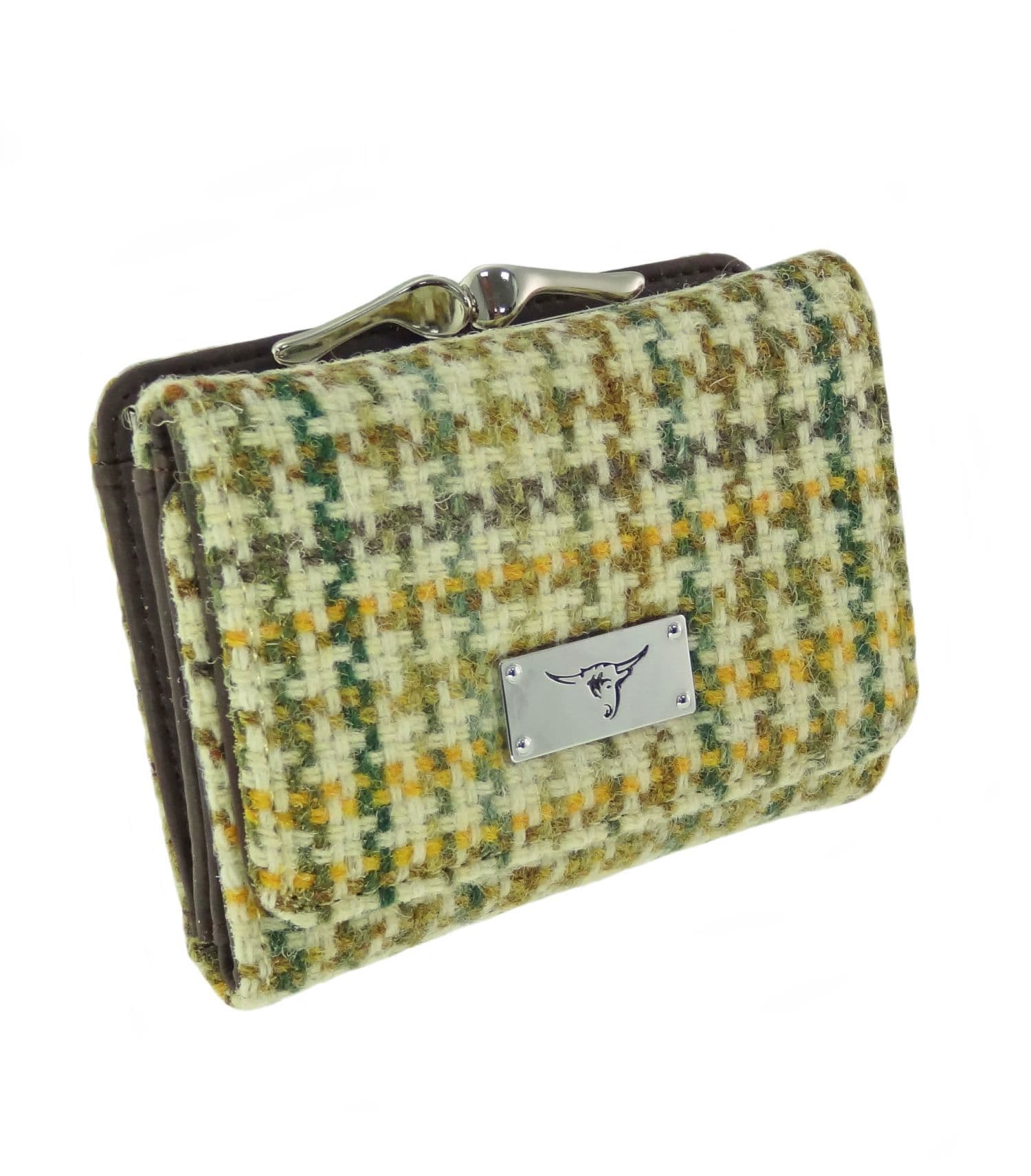 Ladies Authentic Harris Tweed Yellow, Green & Brown Dogtooth Small  Clasp Purse