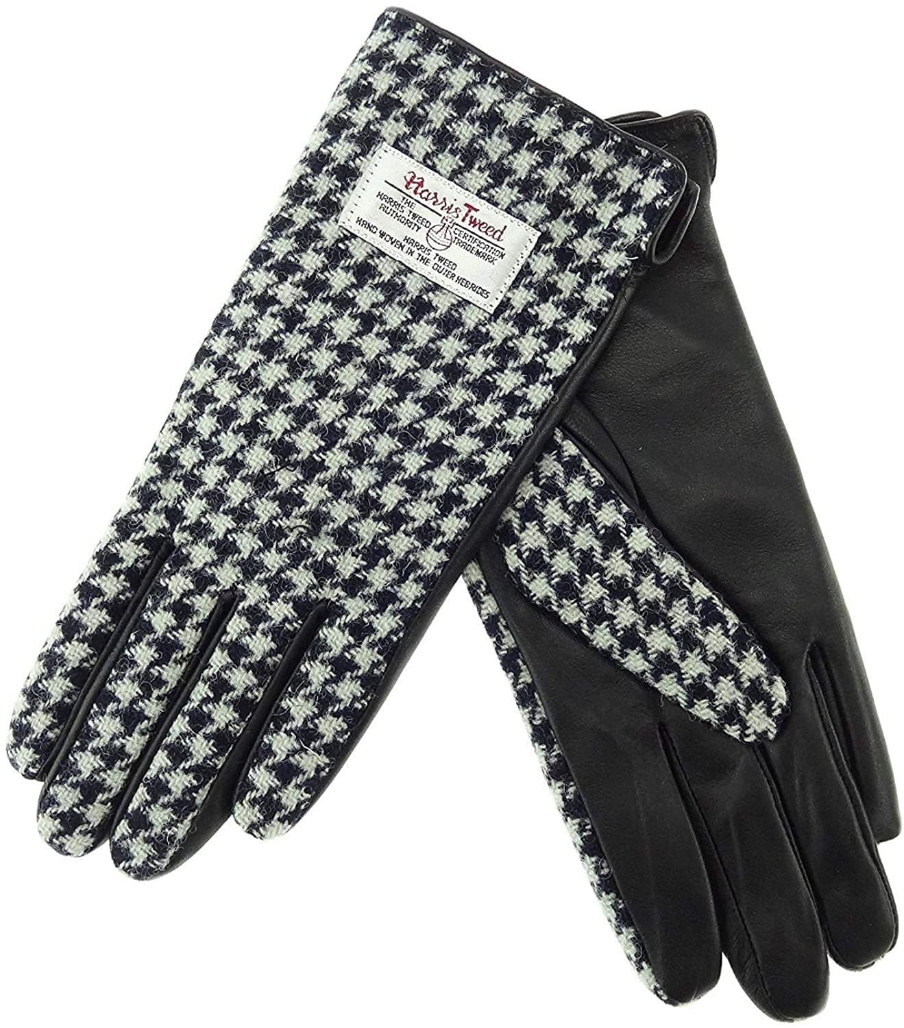 Ladies Black Leather & Authentic Harris Tweed Gloves Black Dogtooth