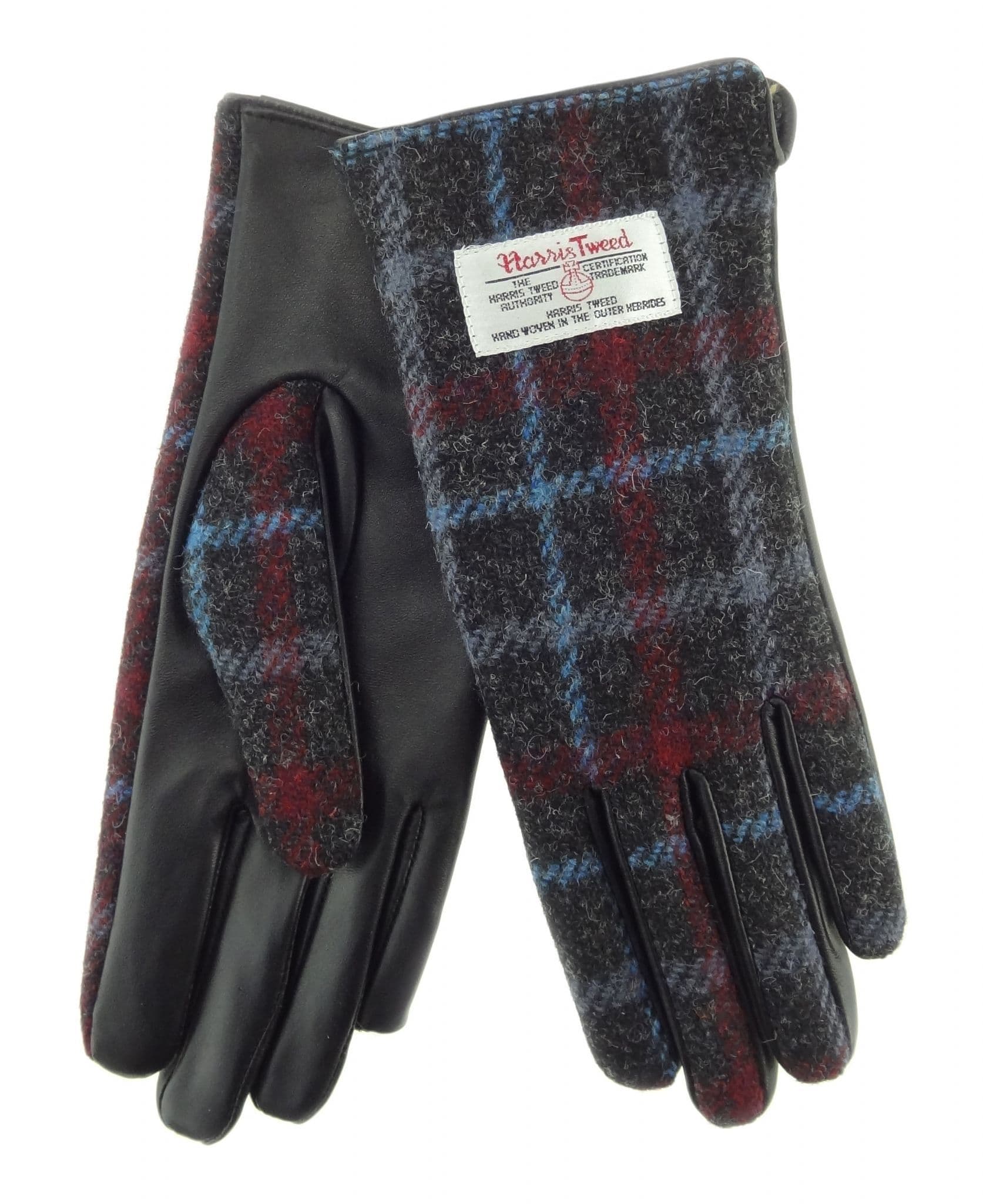 Ladies Black Leather & Authentic Harris Tweed Gloves Charcoal Check/Blue Line