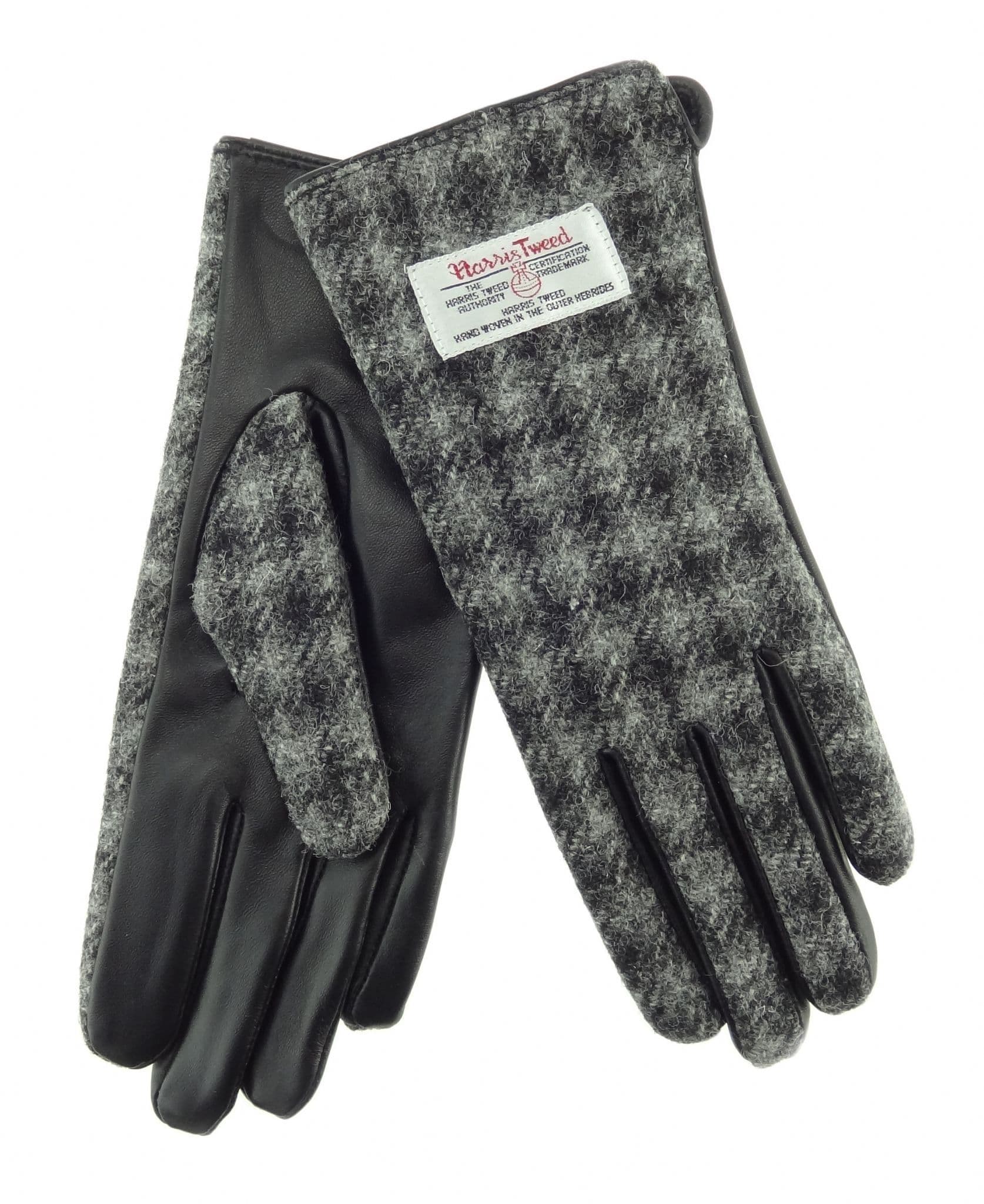 Ladies Black Leather & Authentic Harris Tweed Gloves Grey Dogtooth