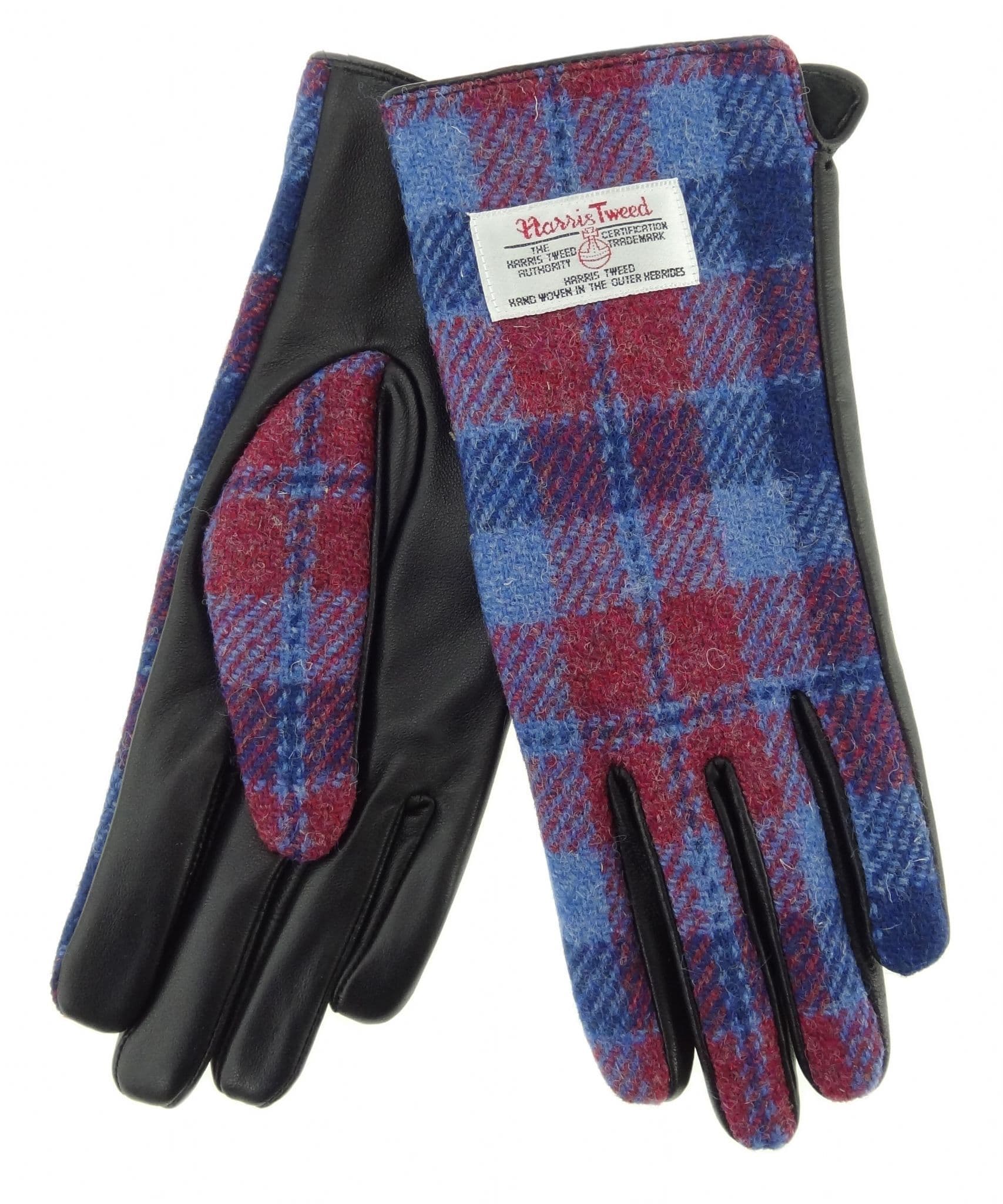 Ladies Black Leather & Authentic Harris Tweed Gloves Light Blue & Pink Check