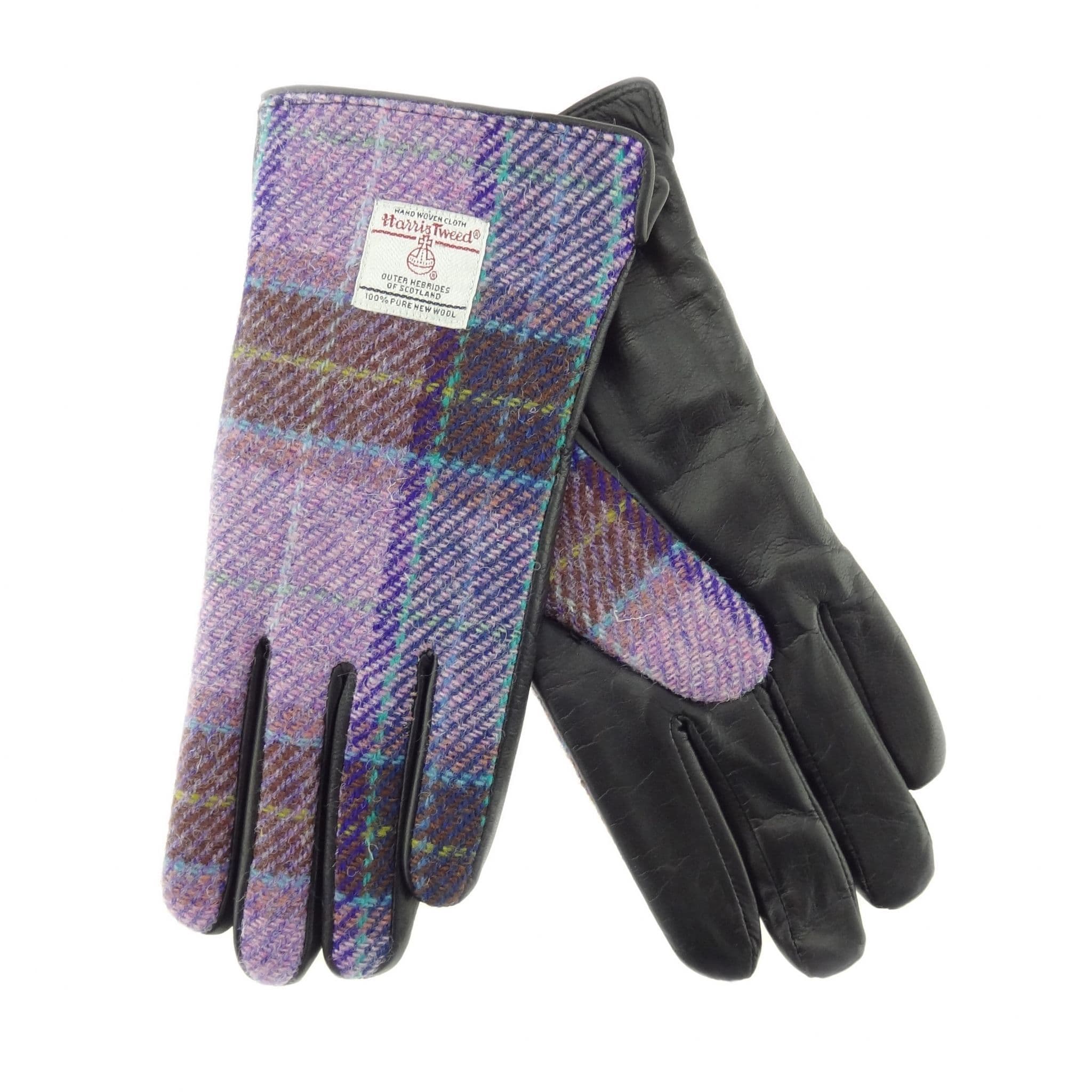 Ladies Black Leather & Authentic Harris Tweed Gloves Pink/Lilac Check