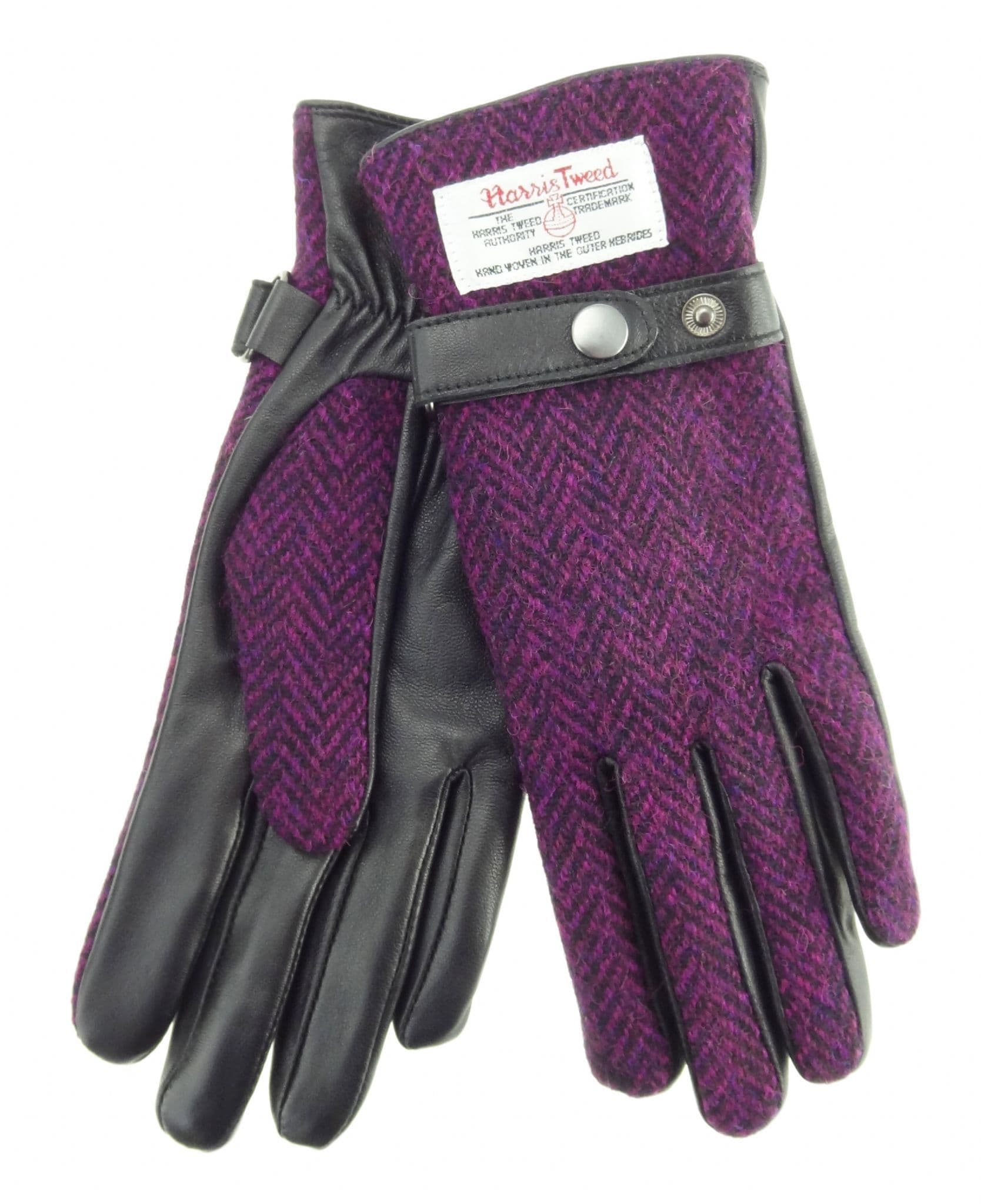 Ladies Black Leather & Authentic Harris Tweed Gloves Purple Herringbone
