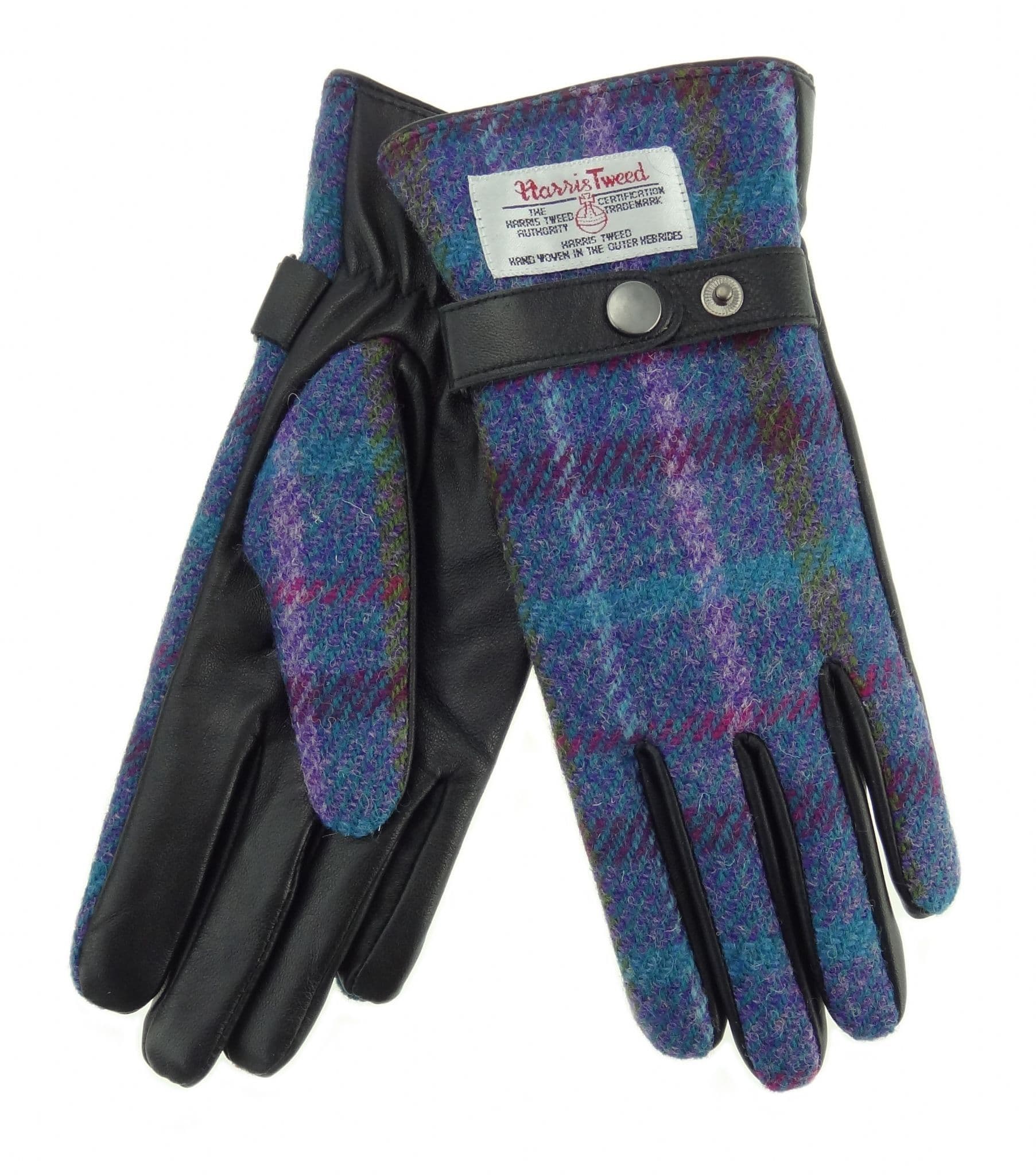 Ladies Black Leather & Authentic Harris Tweed Gloves Purple Multi Check