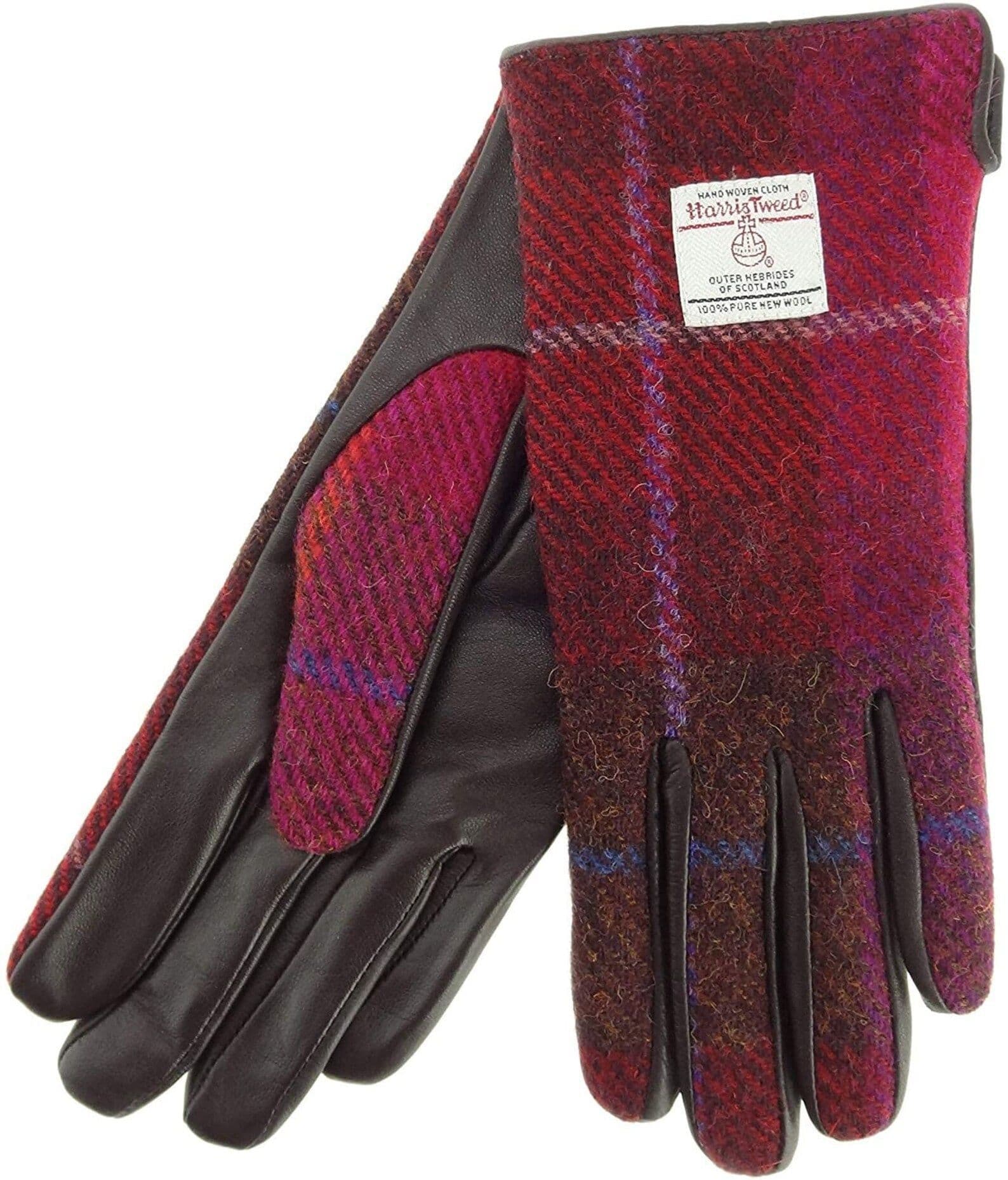 Ladies Brown Leather and Authentic Harris Tweed Gloves Deep Pink Check