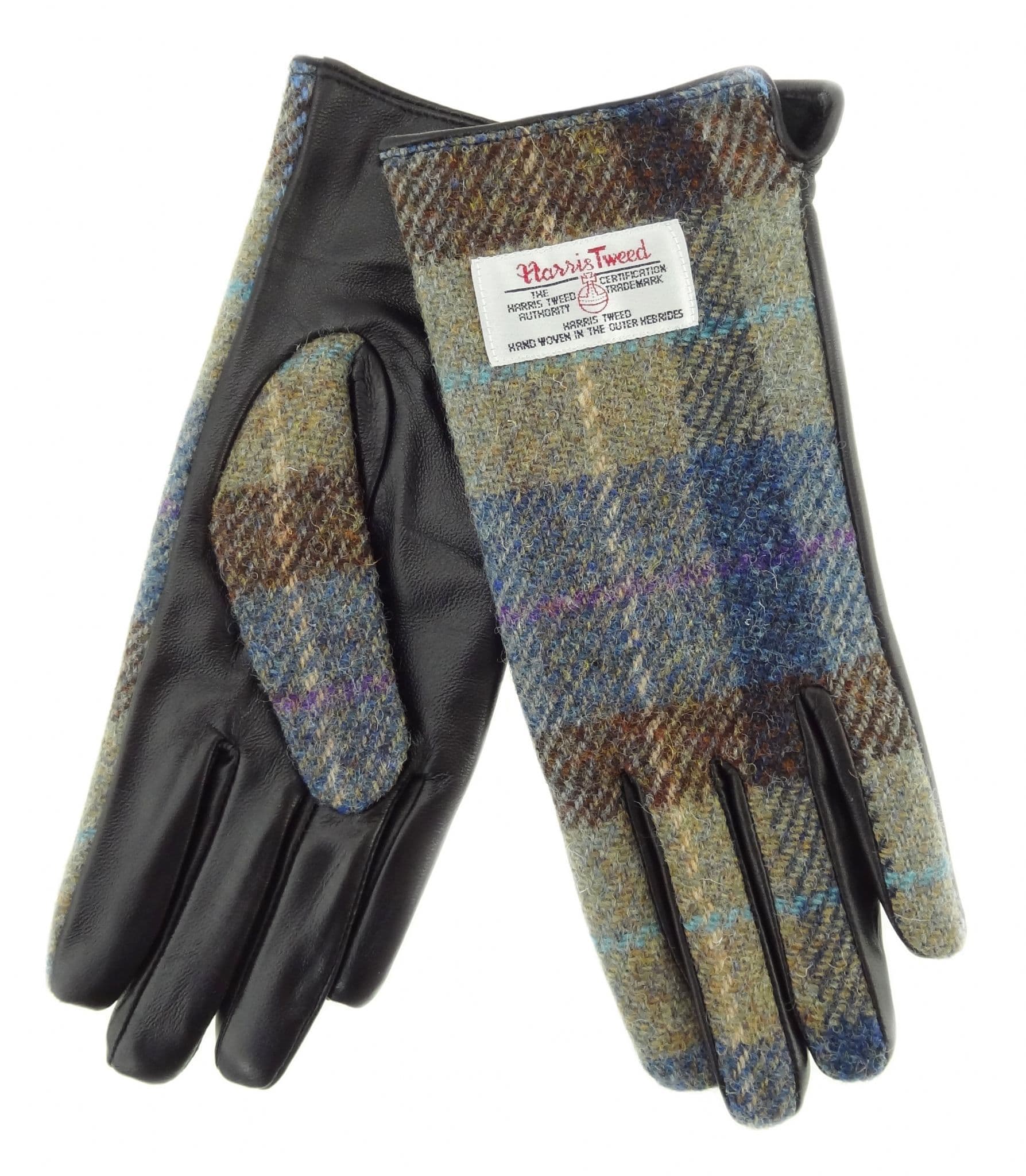 Ladies Brown Leather & Authentic Harris Tweed Gloves Beige/Blue Tartan