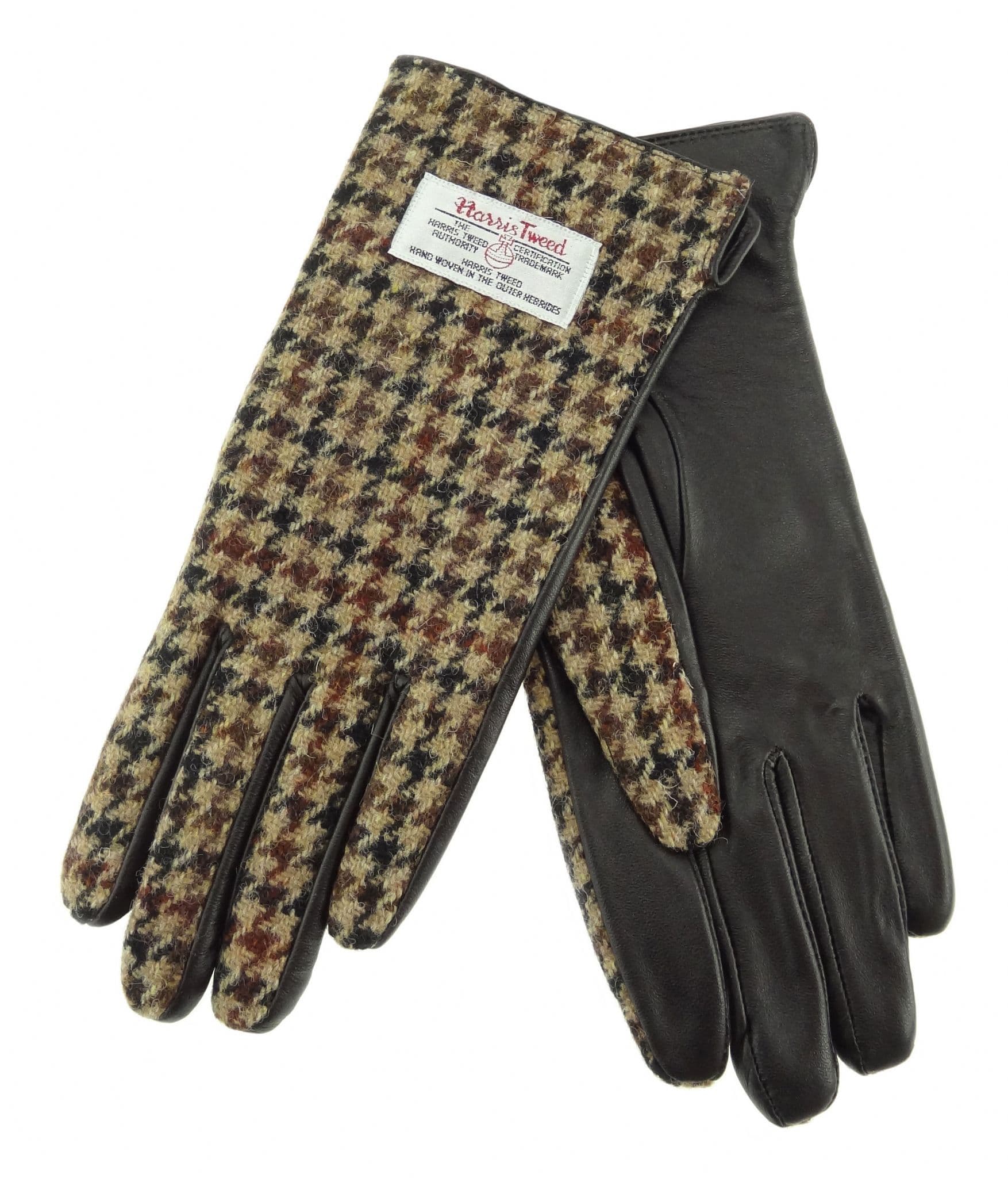 Ladies Brown Leather & Authentic Harris Tweed Gloves Brown Dogtooth