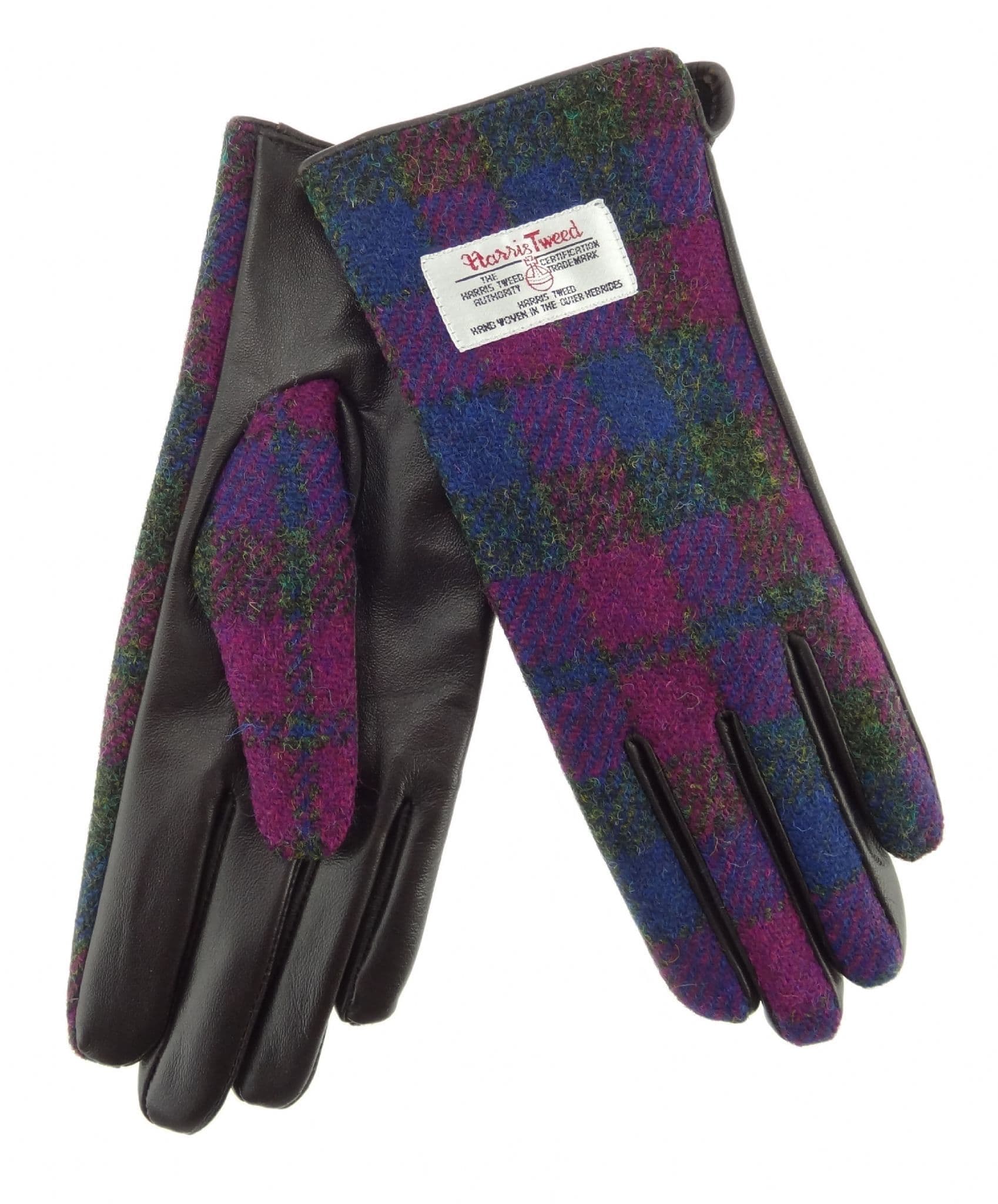 Ladies Brown Leather & Authentic Harris Tweed Gloves Heather Check